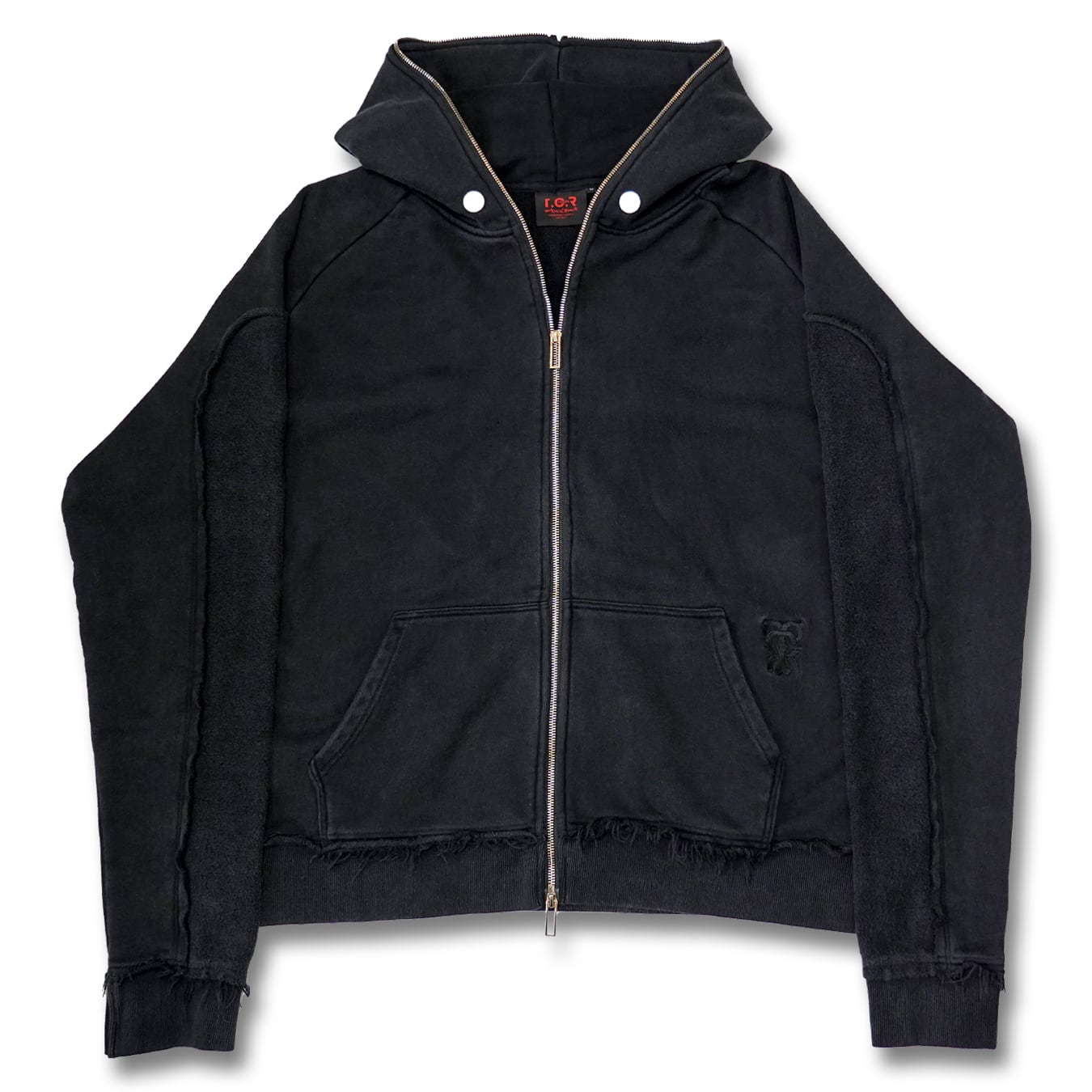 T.C.R DISTRESSED WASHED FULL-ZIP BAGGY HOODIE - BLACK