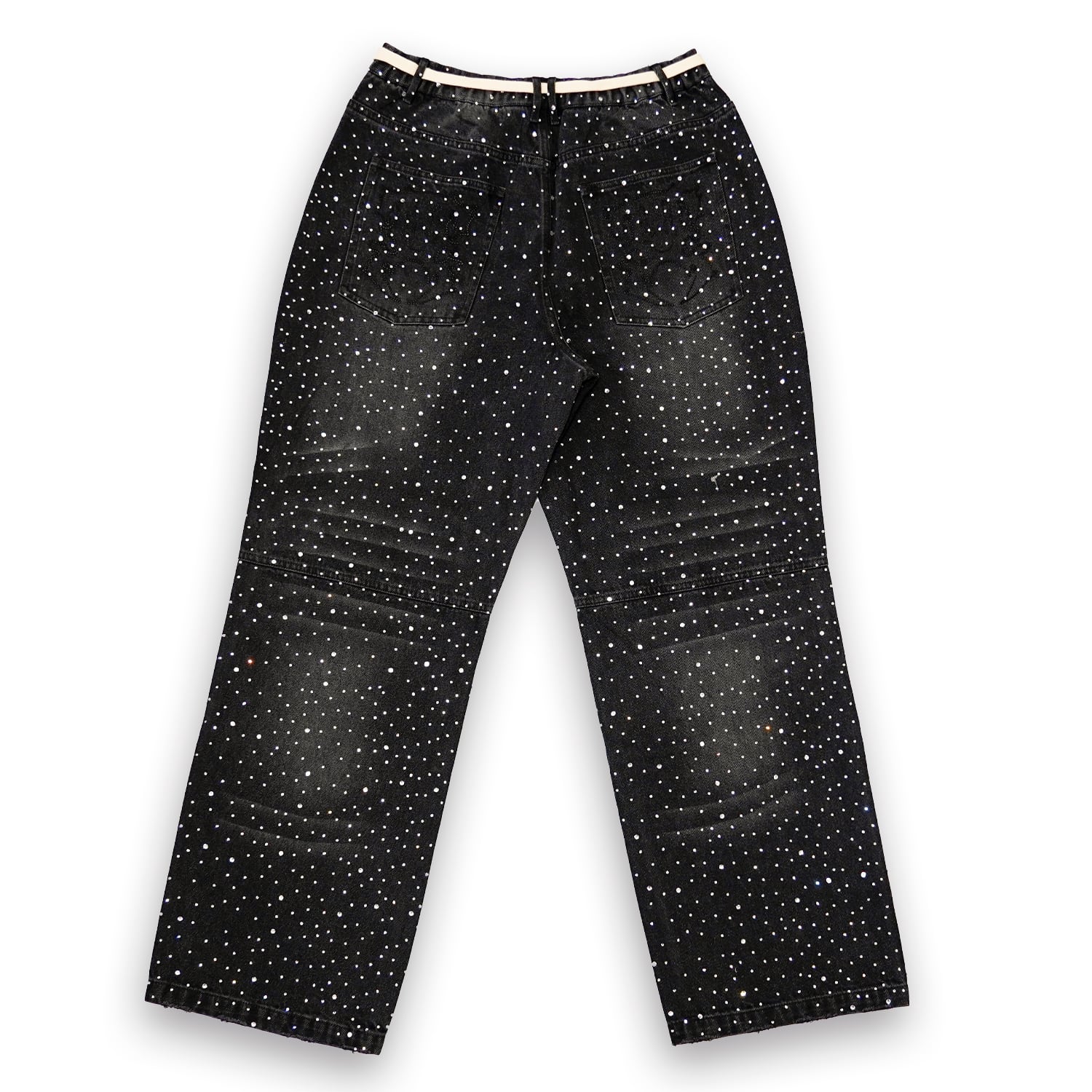 T.C.R RHINSTONE DAMAGE BAGGY DENIM PANTS - BLACK
