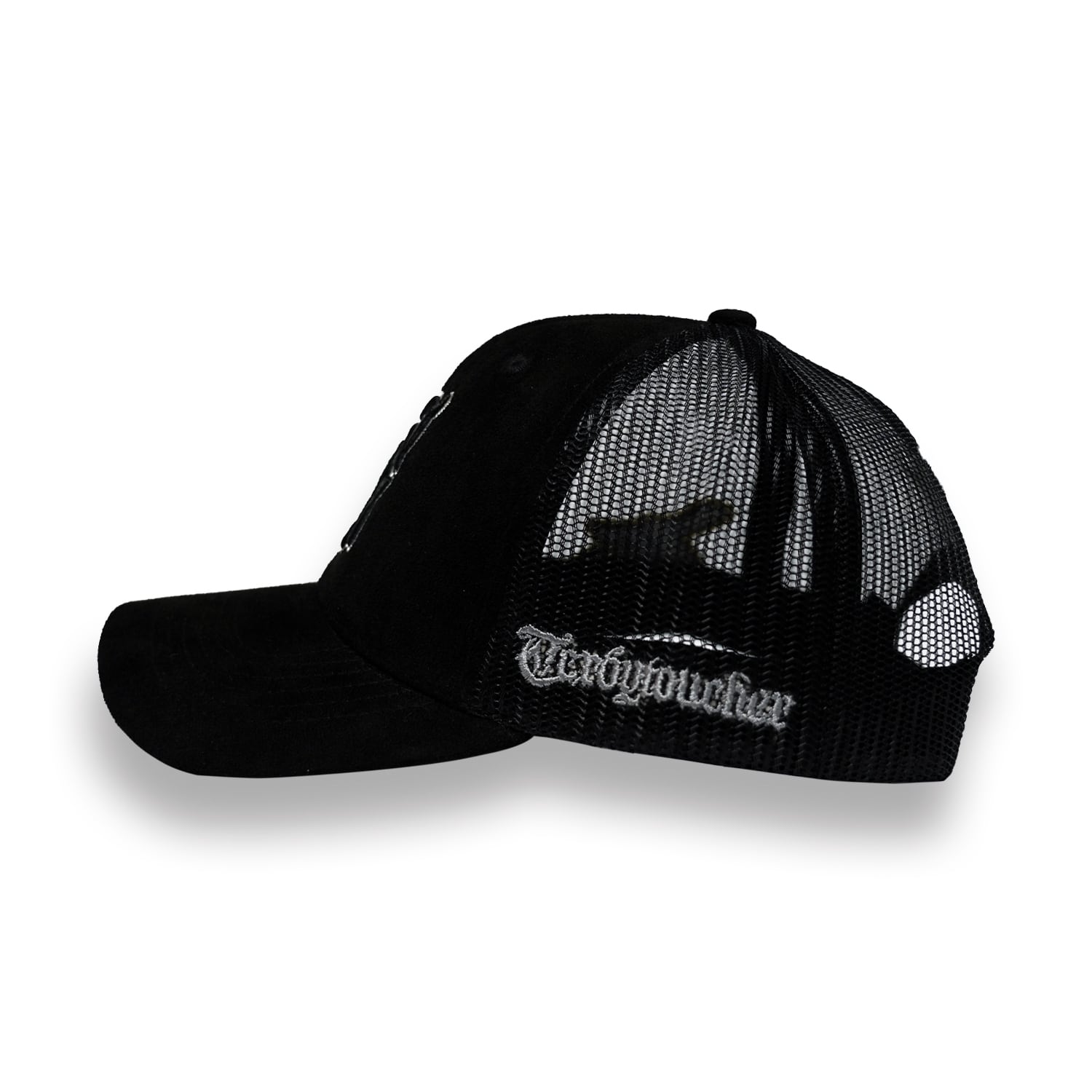 T.C.R MONOGRAM LOGO SUEDE TRUCKER CAP - BLACK
