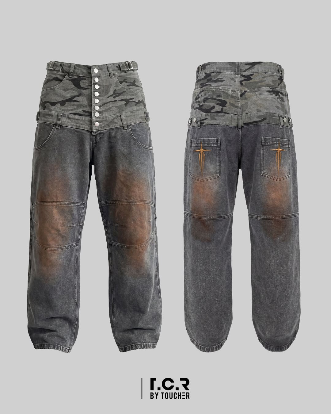T.C.R WASHED DOUBLE WAIST BAGGY PANTS - GRAY