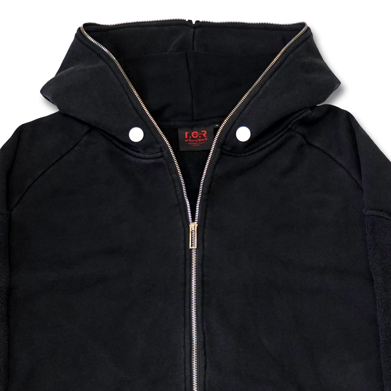 T.C.R DISTRESSED WASHED FULL-ZIP BAGGY HOODIE - BLACK