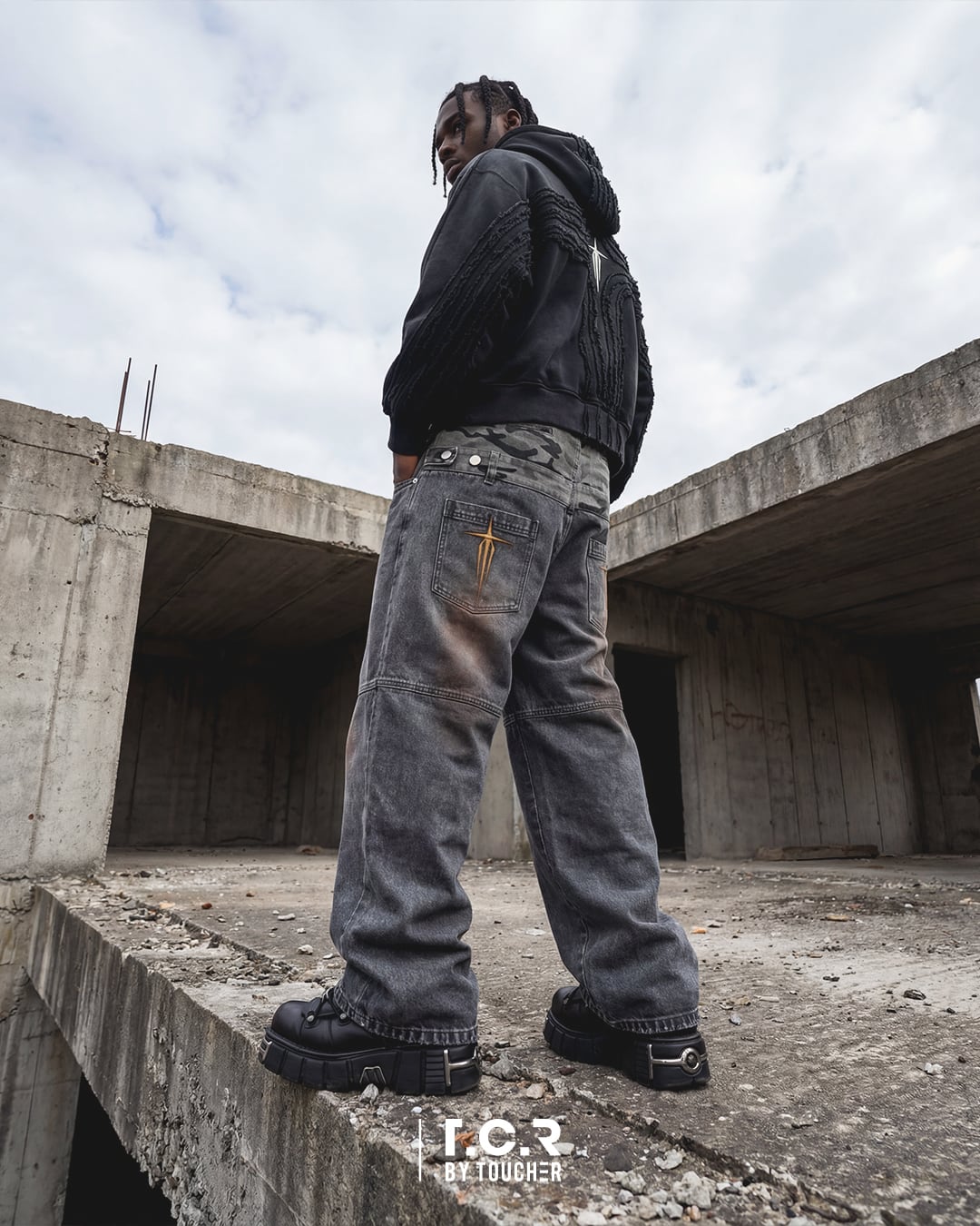T.C.R WASHED DOUBLE WAIST BAGGY PANTS - GRAY