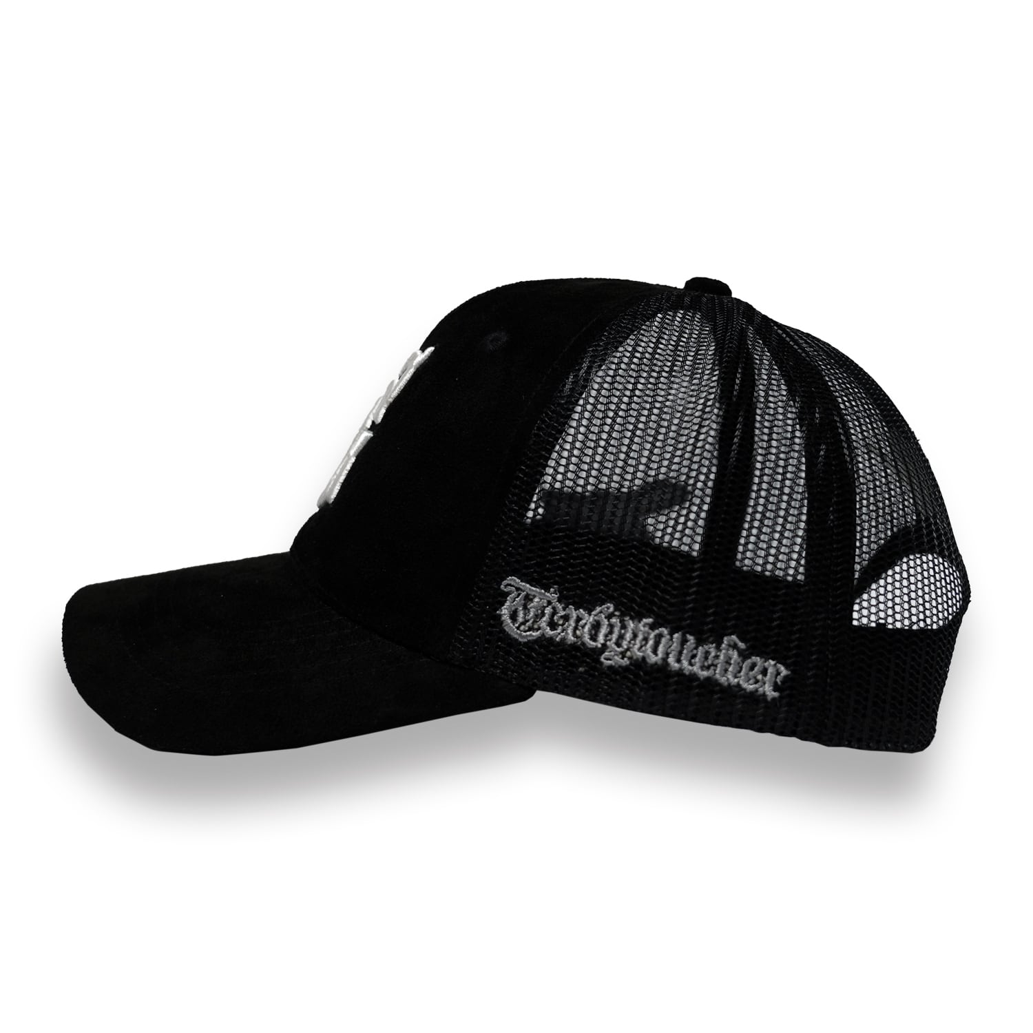 T.C.R MONOGRAM LOGO SUEDE TRUCKER CAP - BLACK / WHITE