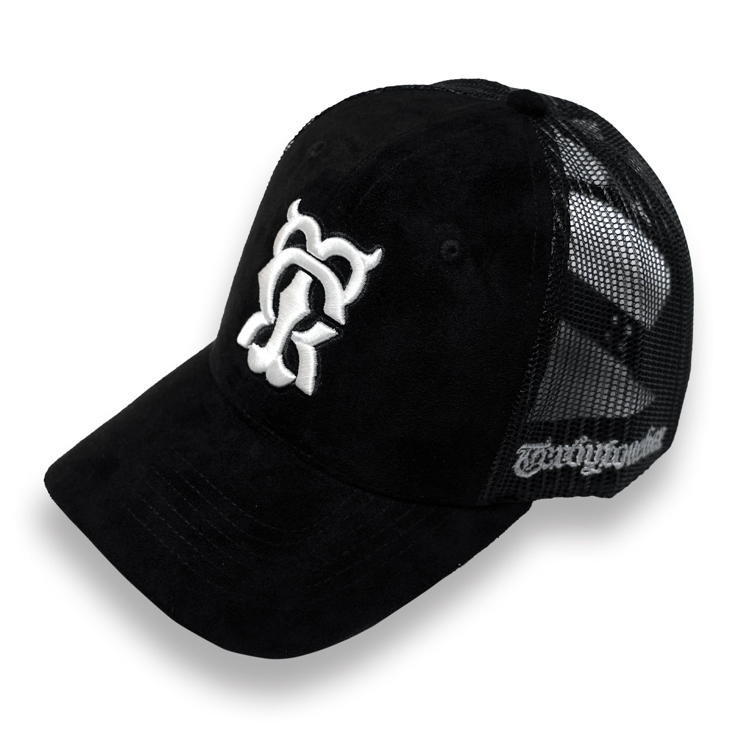 T.C.R MONOGRAM LOGO SUEDE TRUCKER CAP - BLACK / WHITE