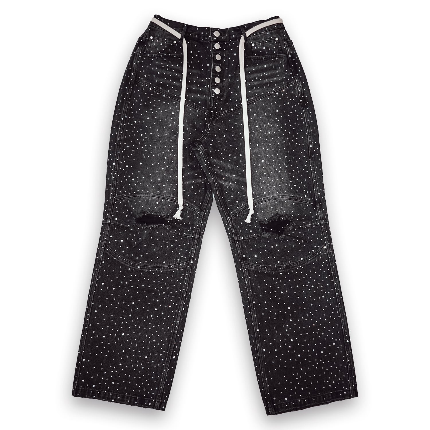 T.C.R RHINSTONE DAMAGE BAGGY DENIM PANTS - BLACK