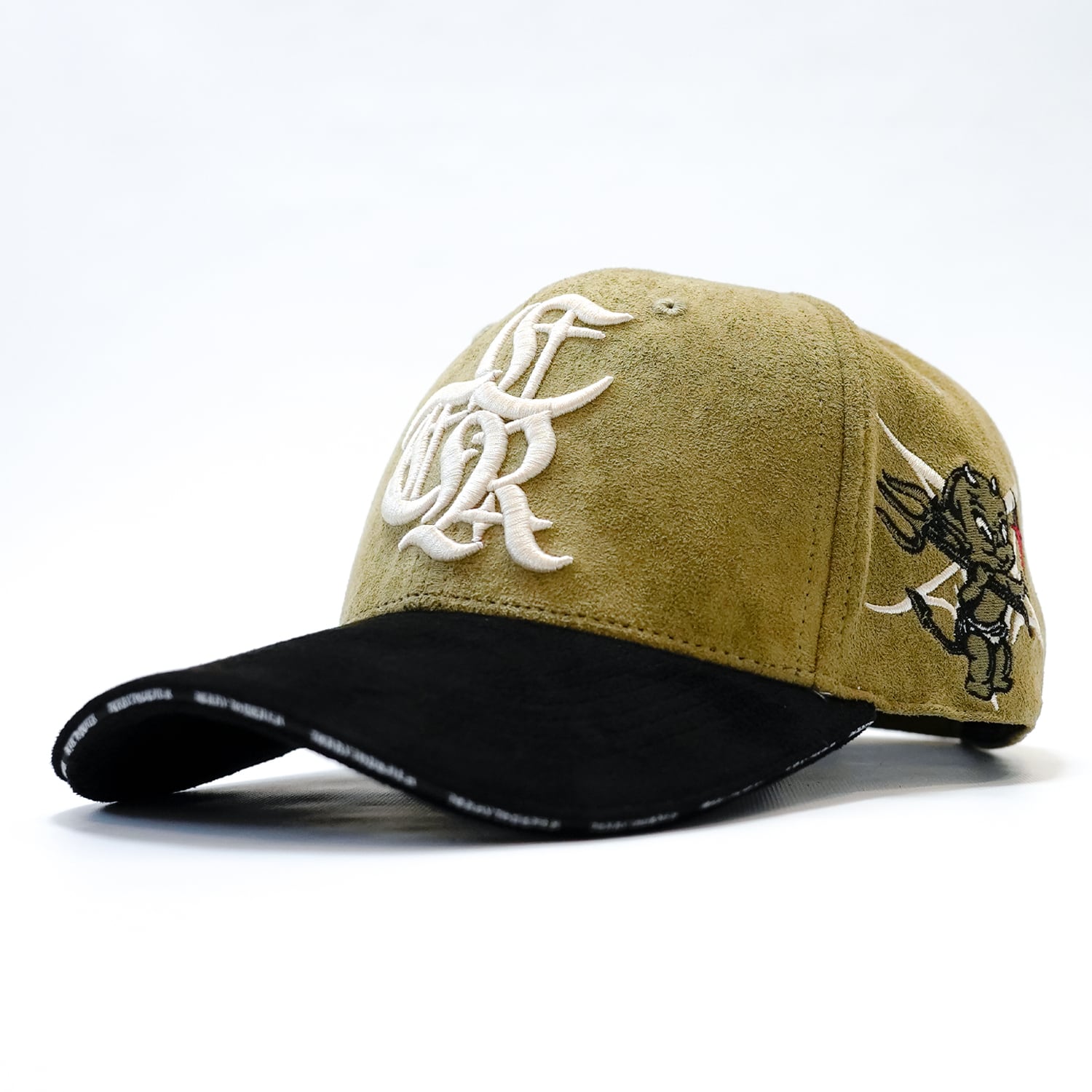 T.C.R LOGO FAUX SUEDE STRAP BACK CAP - GREEN / BLACK