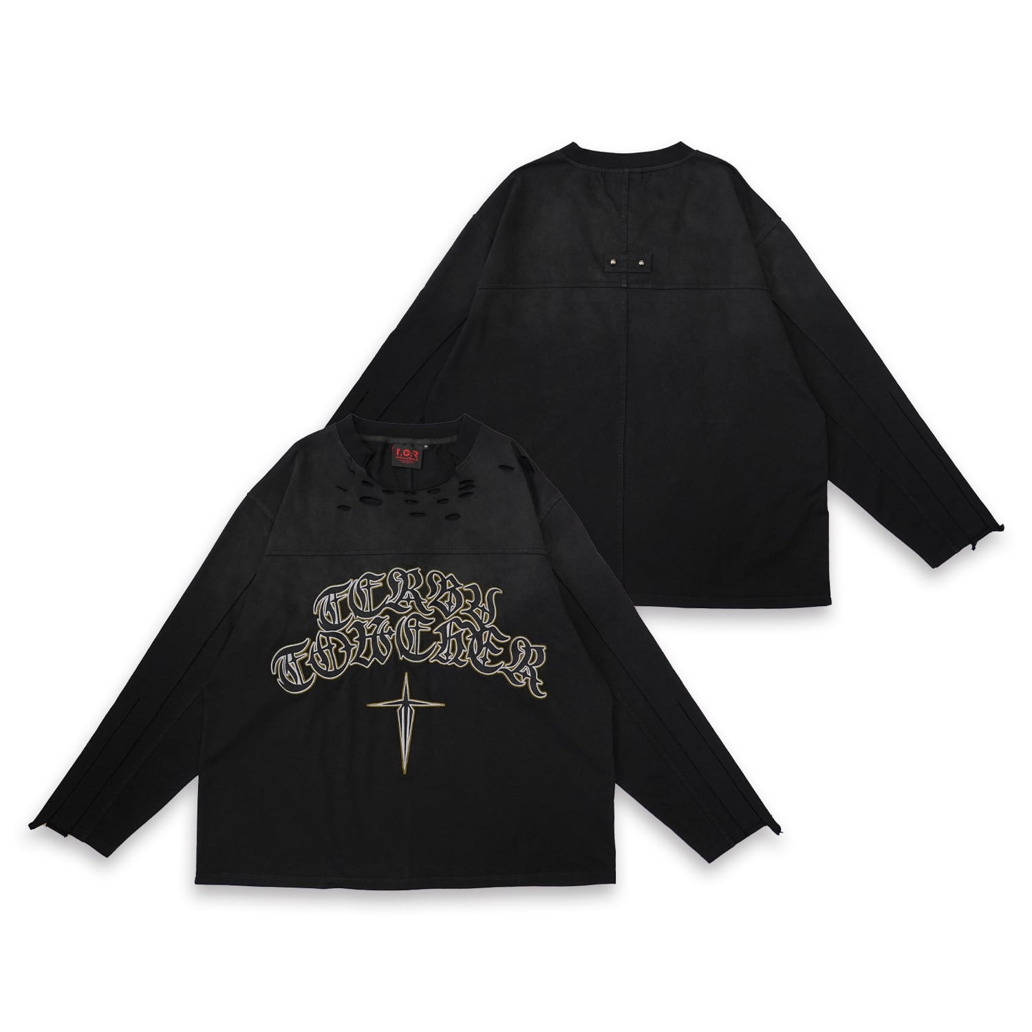T.C.R LOGO DISTRESSED PANEL L/S TEE - BLACK
