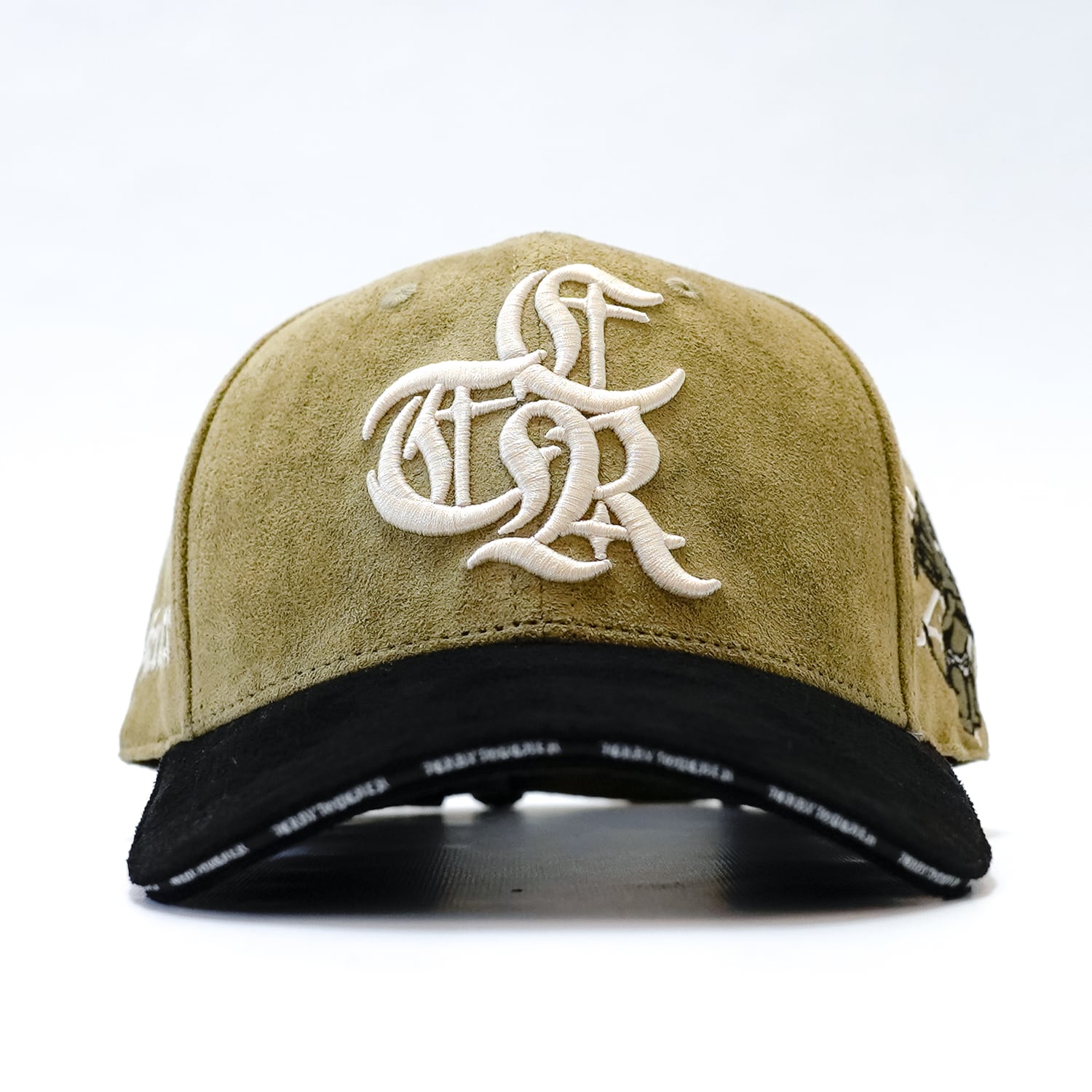 T.C.R LOGO FAUX SUEDE STRAP BACK CAP - GREEN / BLACK