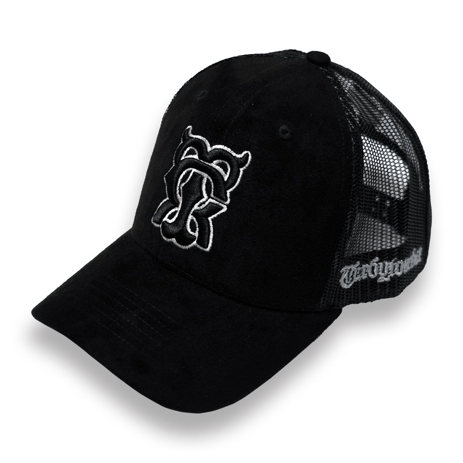 T.C.R MONOGRAM LOGO SUEDE TRUCKER CAP - BLACK