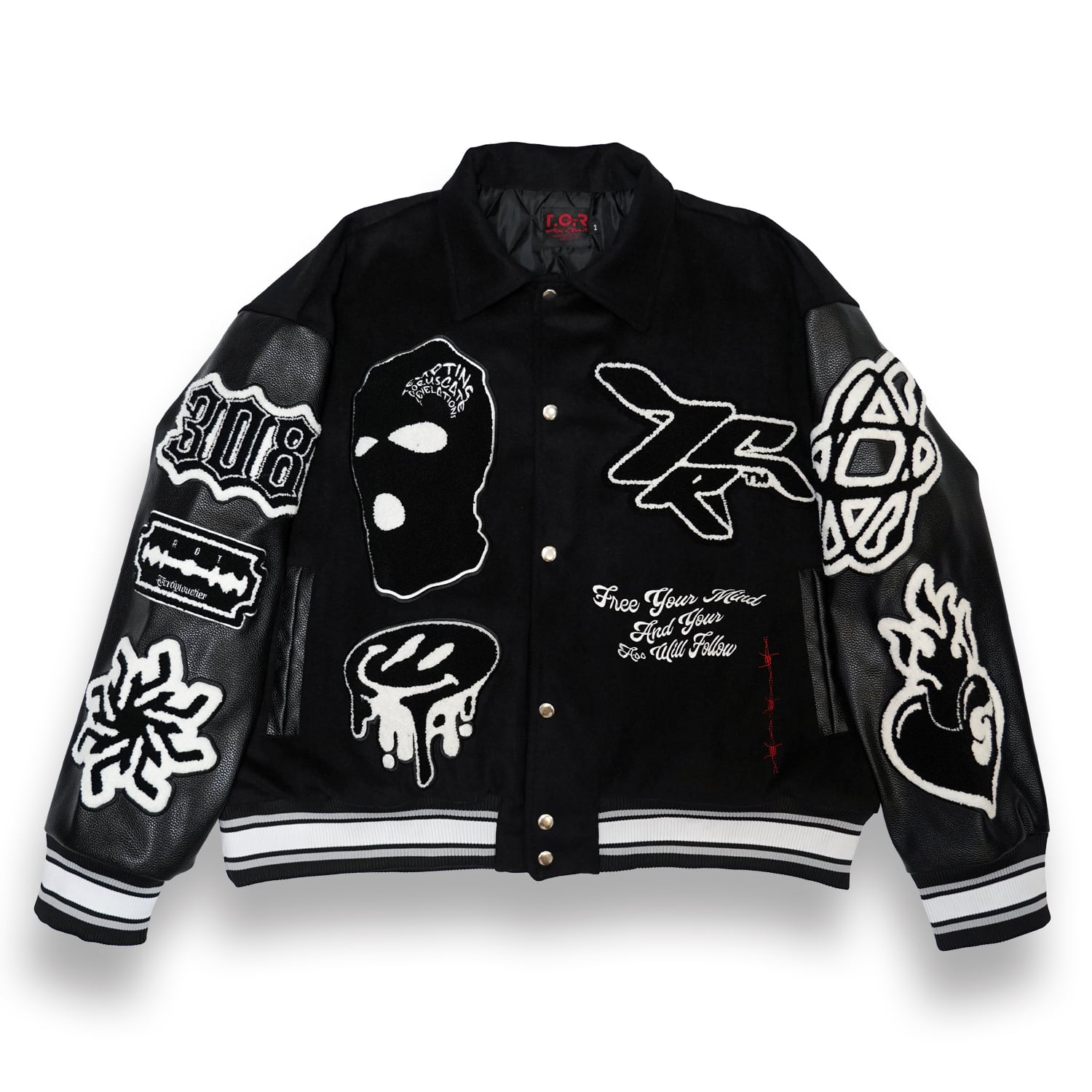 T.C.R RAVER GANG VARSITY LEATHER JACKET - BLACK