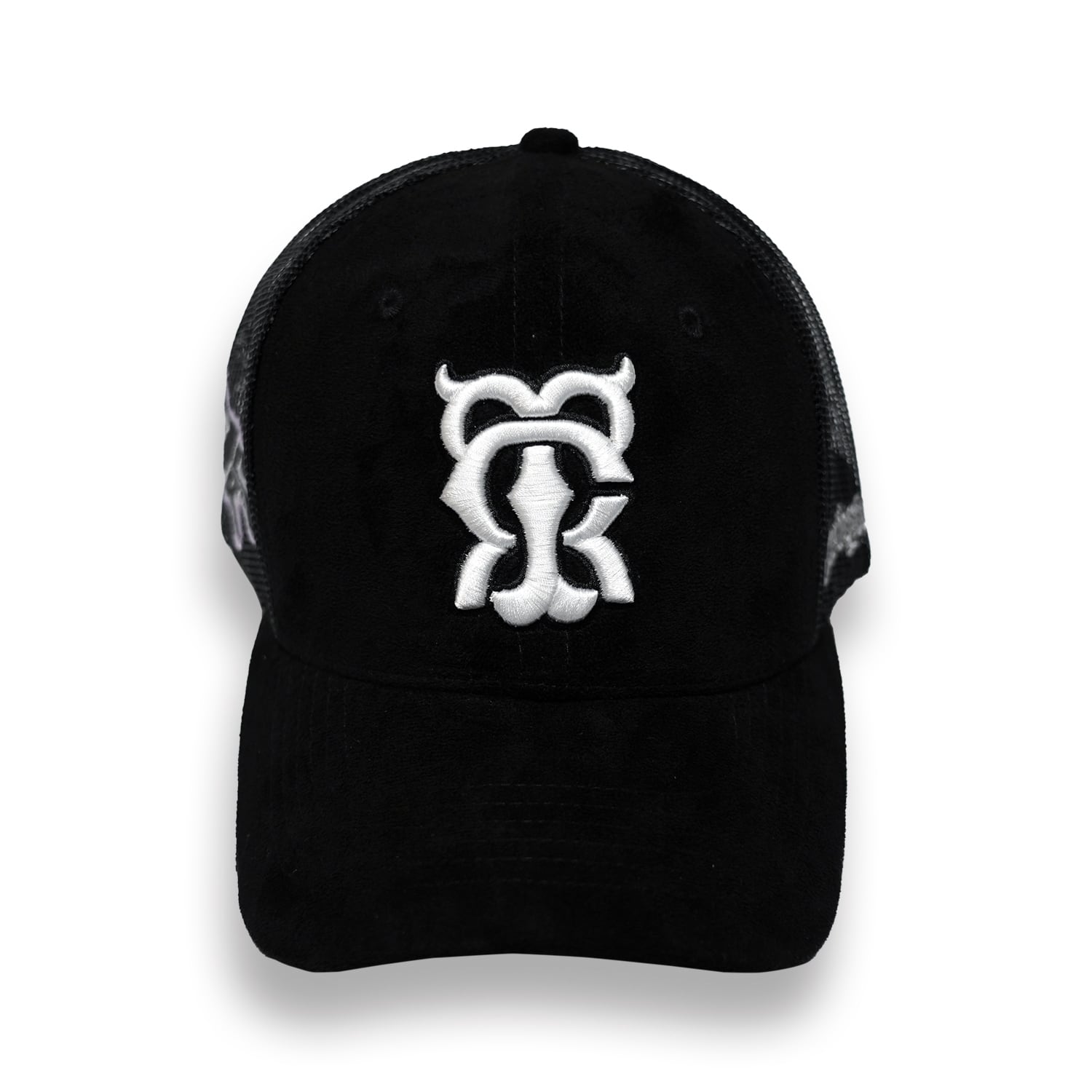 T.C.R MONOGRAM LOGO SUEDE TRUCKER CAP - BLACK / WHITE