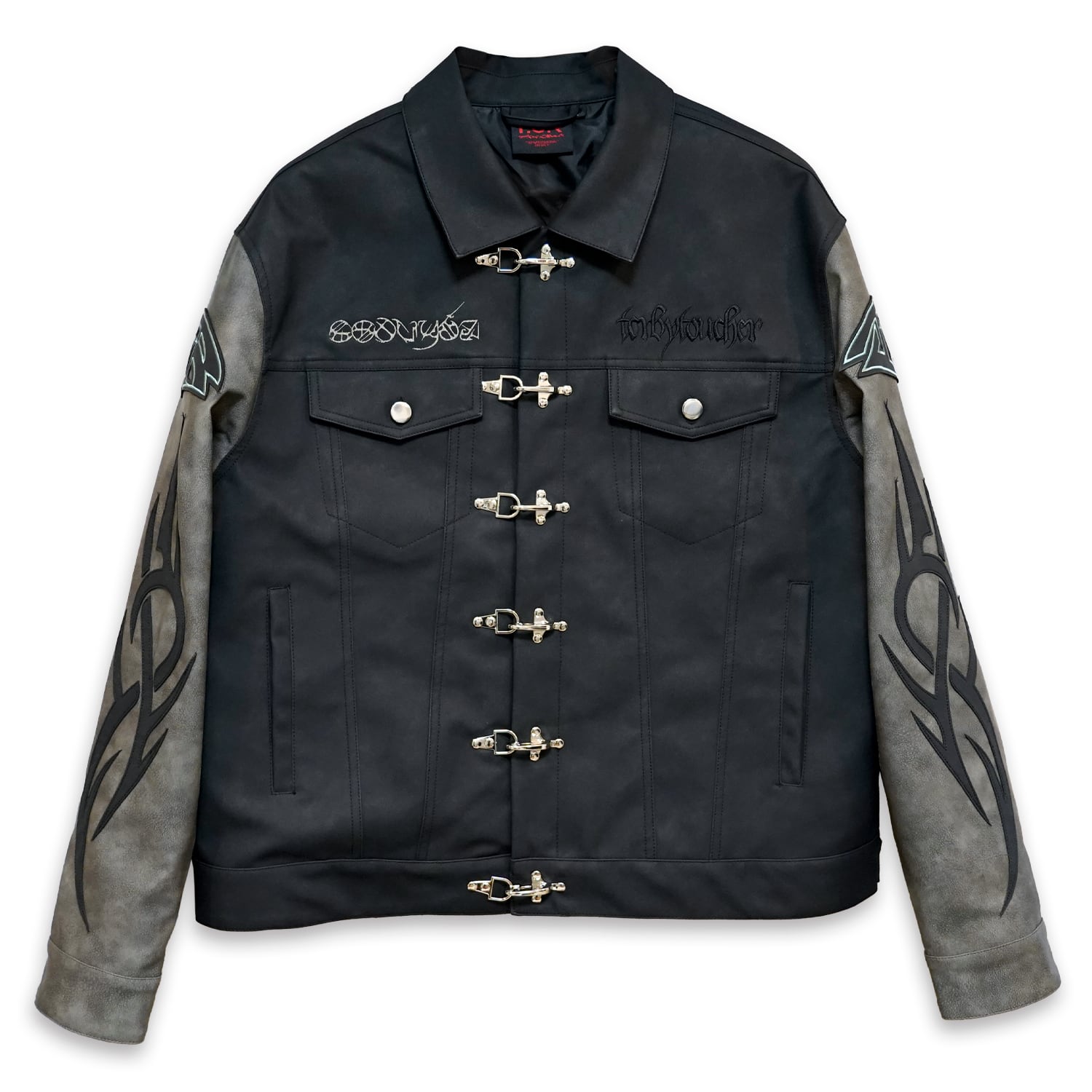 T.C.R WASHED FAUX LEATHER FLAME TRACKER JACKET - GRAY / BLACK