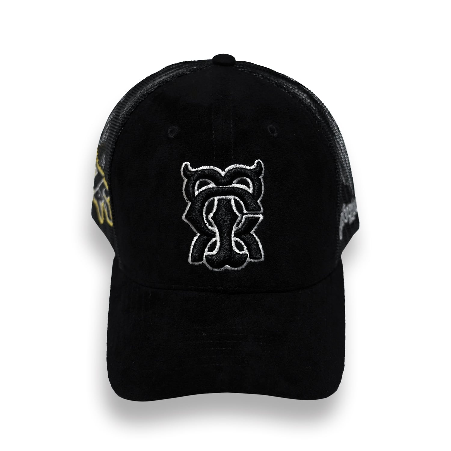 T.C.R MONOGRAM LOGO SUEDE TRUCKER CAP - BLACK