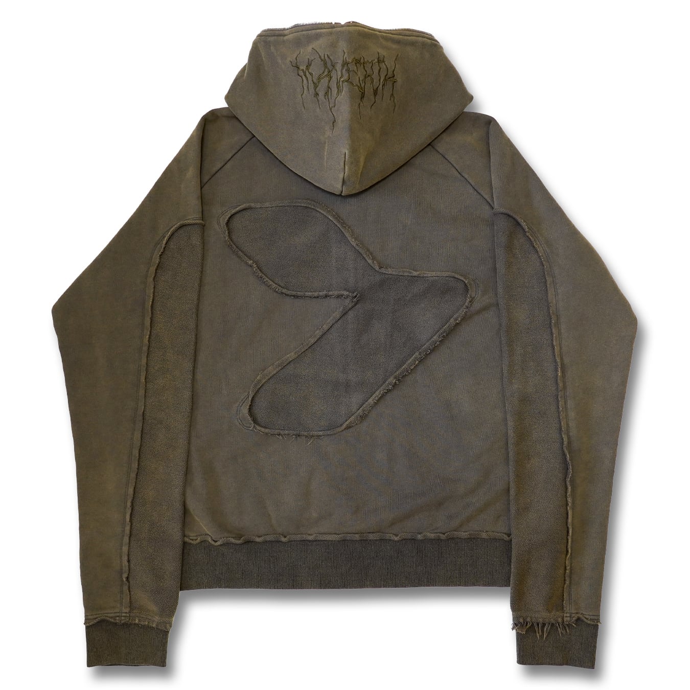 T.C.R DISTRESSED WASHED FULL-ZIP BAGGY HOODIE - KHAKI