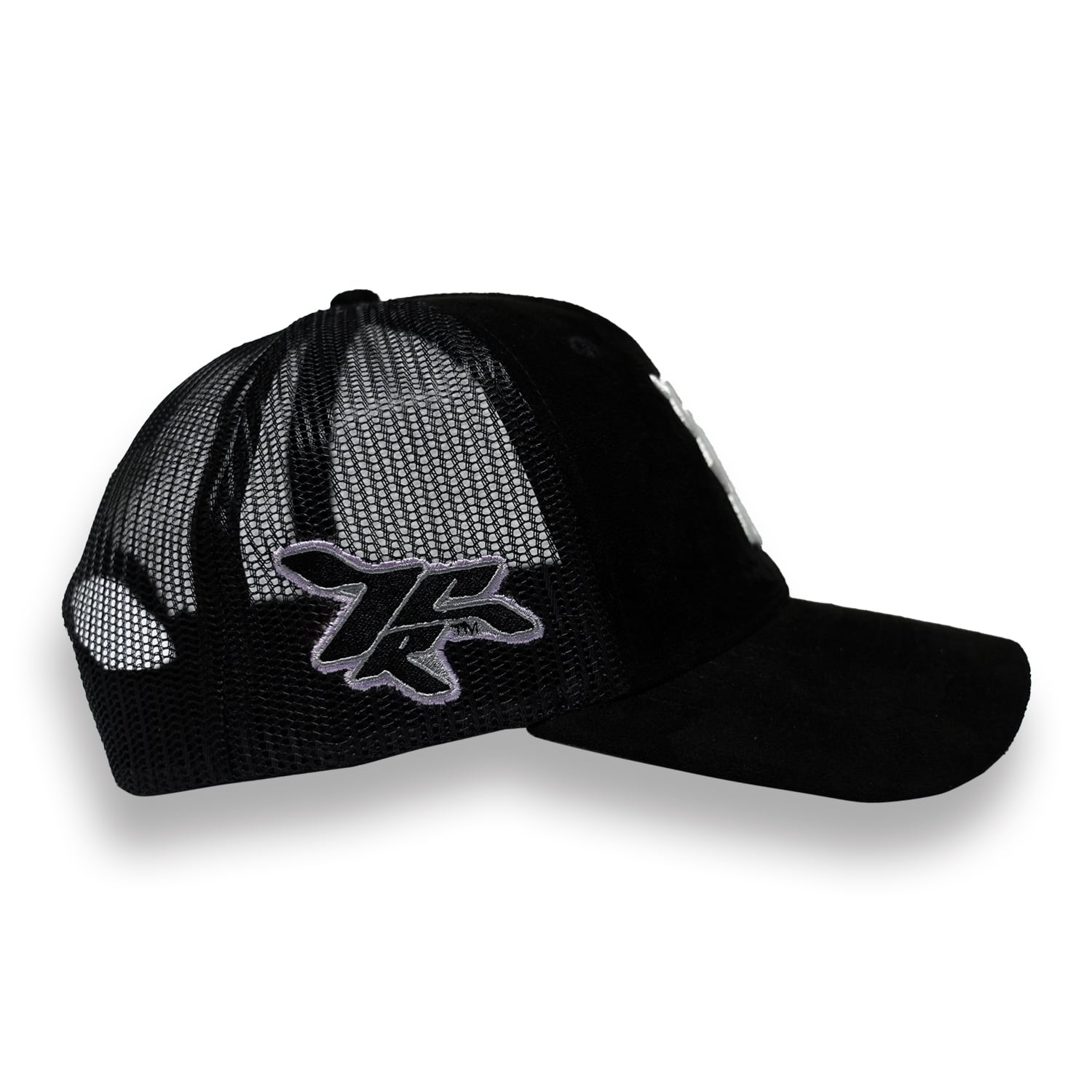 T.C.R MONOGRAM LOGO SUEDE TRUCKER CAP - BLACK / WHITE