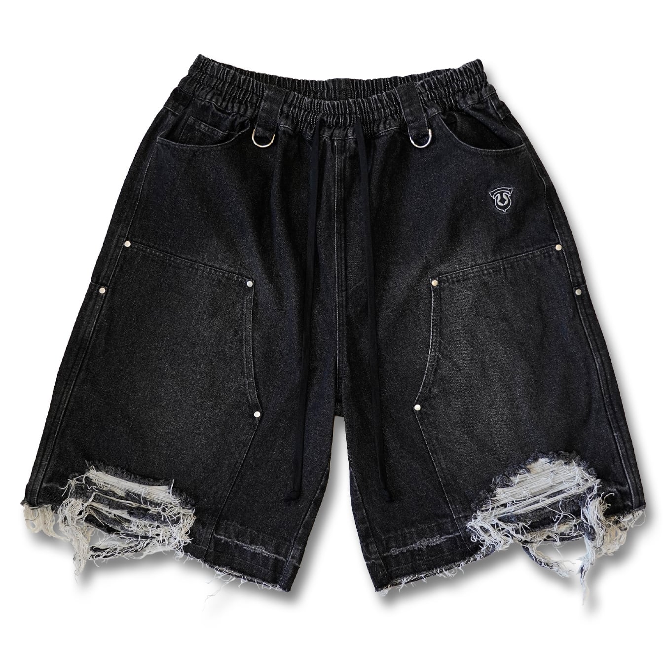 T.C.R DESTROYED PANEL DENIM SHORTS - BLACK