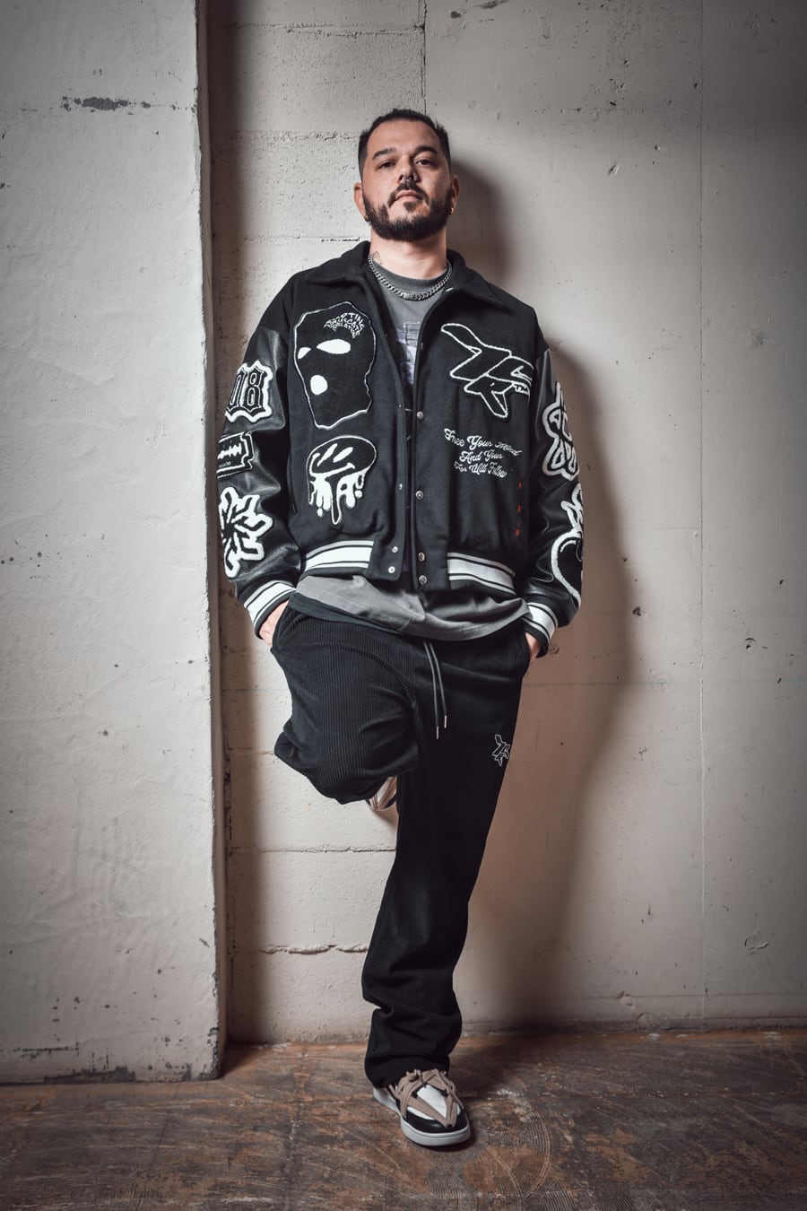 T.C.R RAVER GANG VARSITY LEATHER JACKET - BLACK
