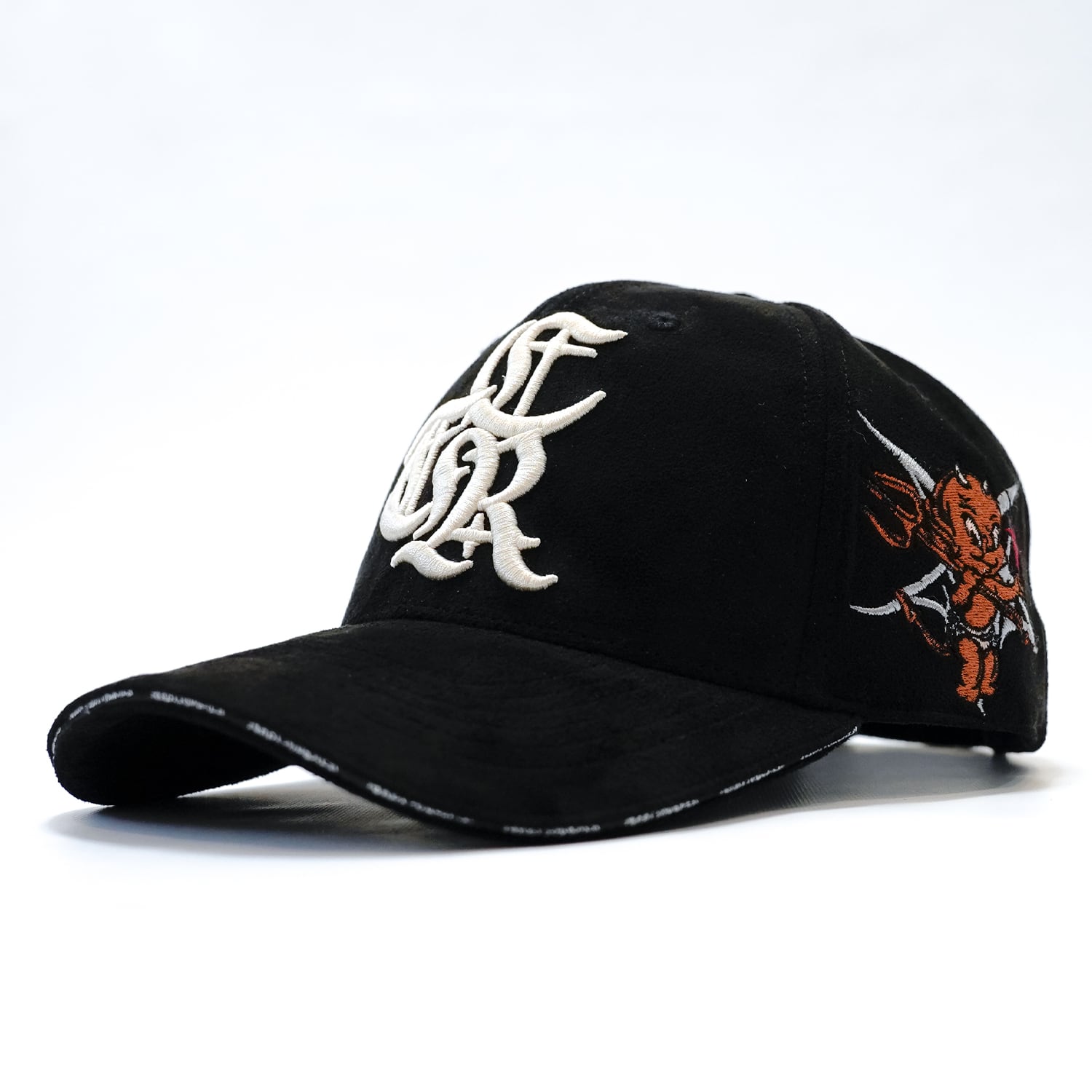 T.C.R LOGO FAUX SUEDE STRAP BACK CAP - BLACK