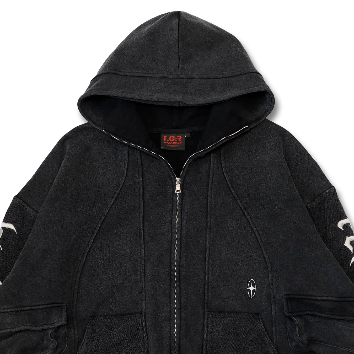 T.C.R DECONSTRUCTED WASHED ZIP-UP HOODIE - BLACK
