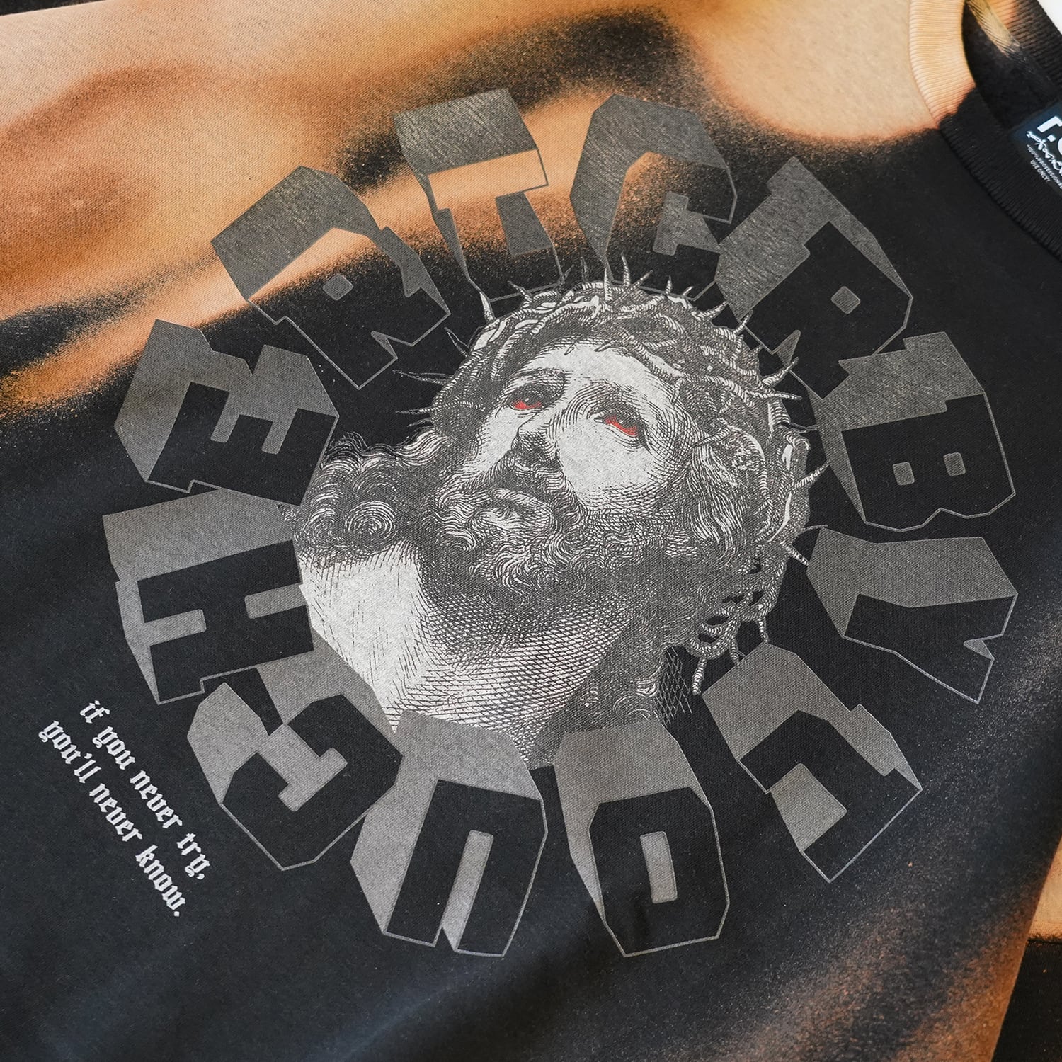 T.C.R TRYING GOD WIDE FIT CREW NECK BLEACH SWEAT - BLACK