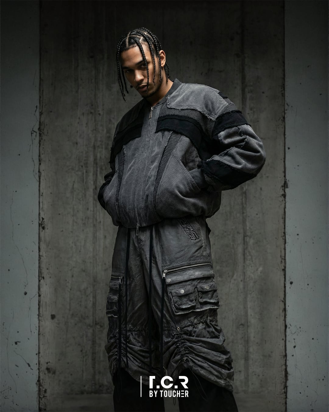 T.C.R DISTRESSED SPLICED BLOUSON - GRAY