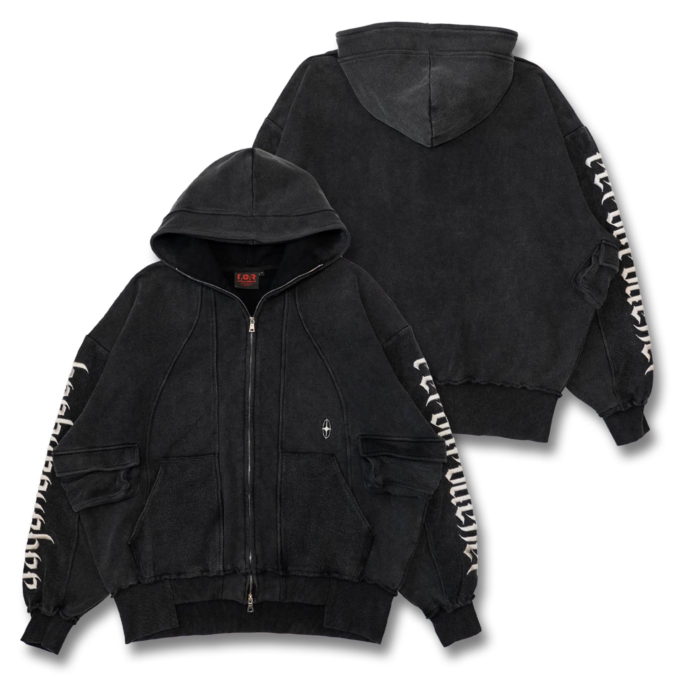 T.C.R DECONSTRUCTED WASHED ZIP-UP HOODIE - BLACK