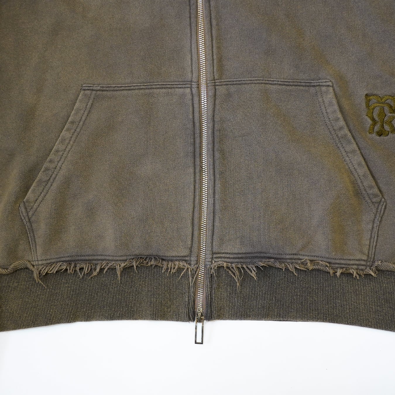 T.C.R DISTRESSED WASHED FULL-ZIP  BAGGY HOODIE - KHAKI