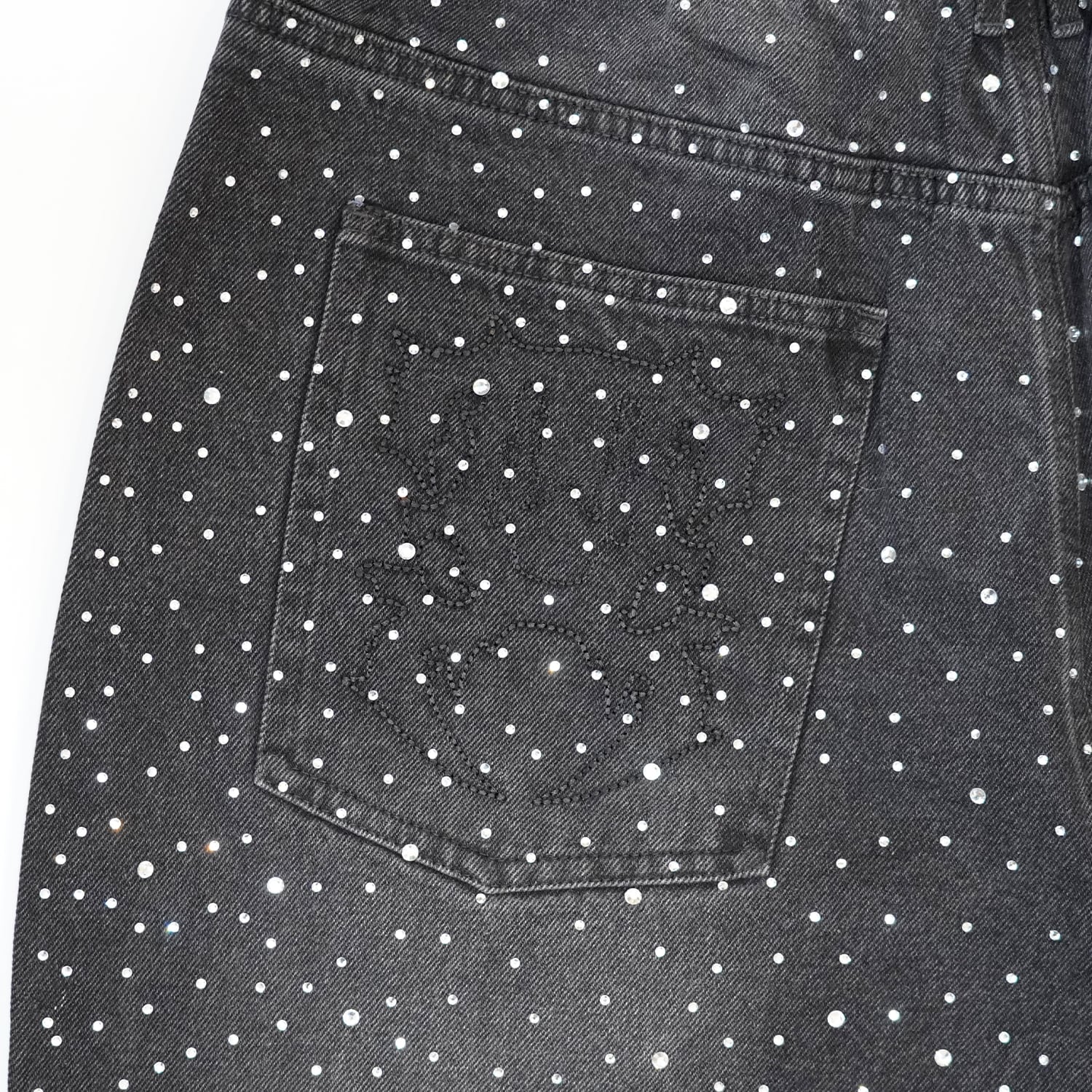 T.C.R RHINSTONE DAMAGE BAGGY DENIM PANTS - BLACK