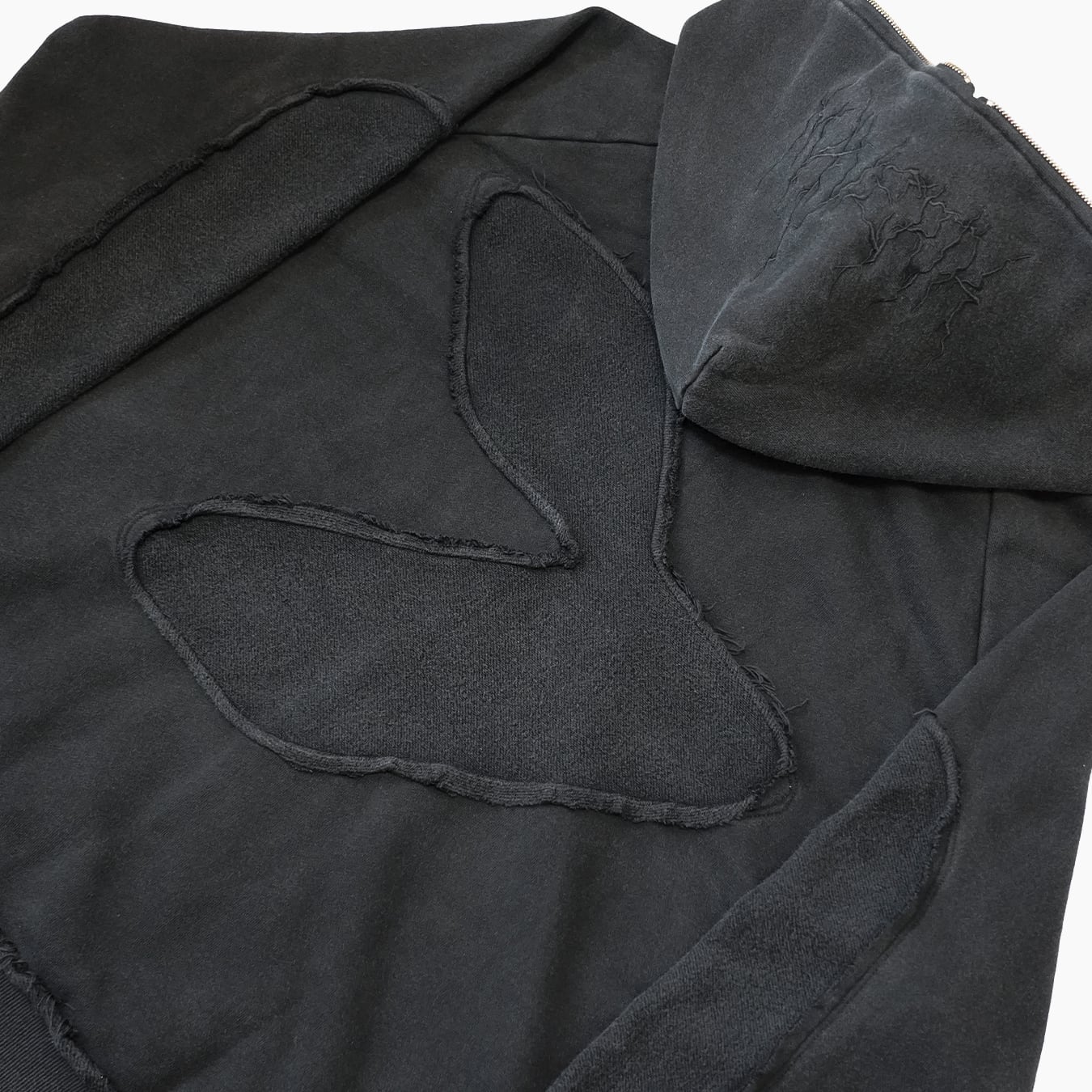 T.C.R DISTRESSED WASHED FULL-ZIP  BAGGY HOODIE - BLACK