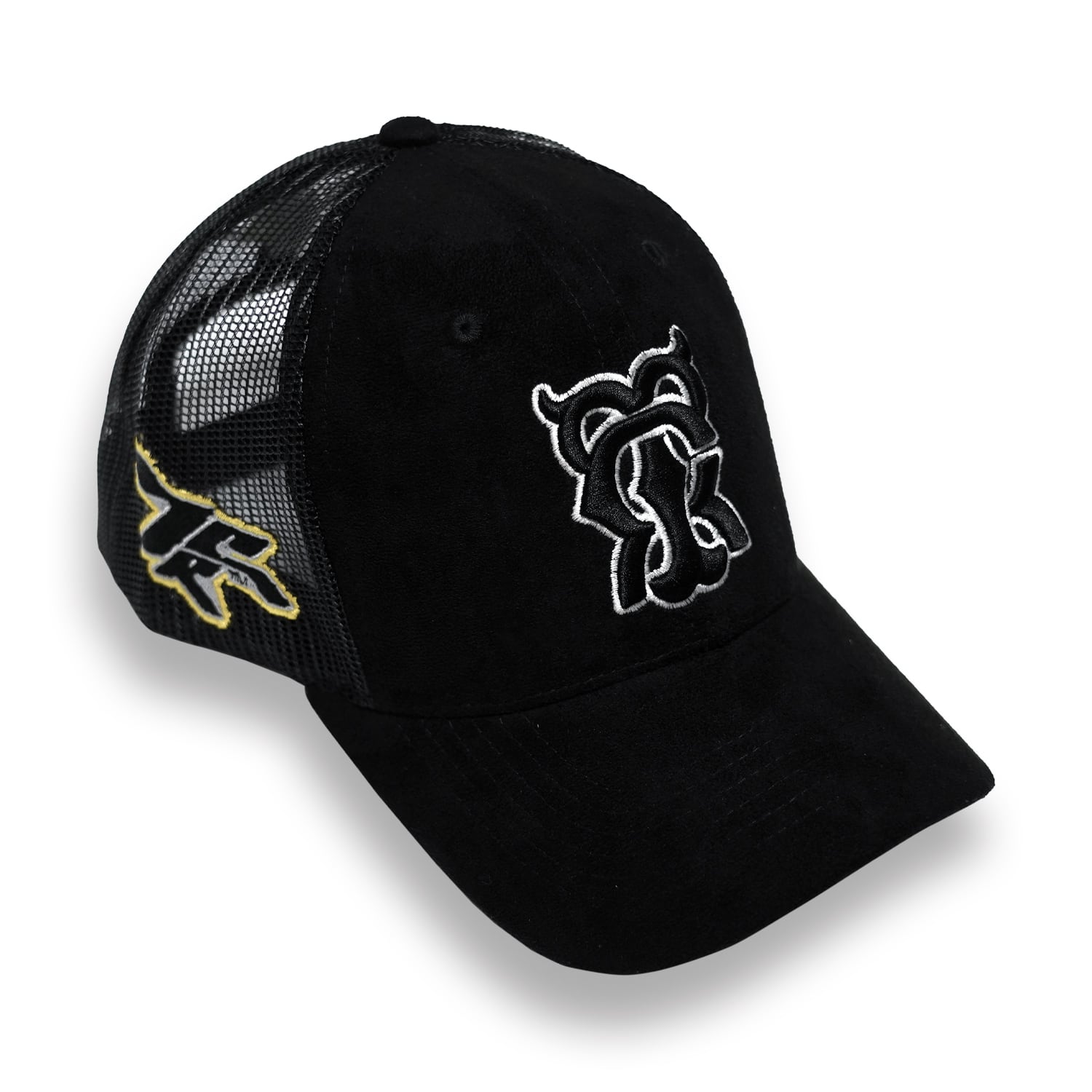 T.C.R MONOGRAM LOGO SUEDE TRUCKER CAP - BLACK