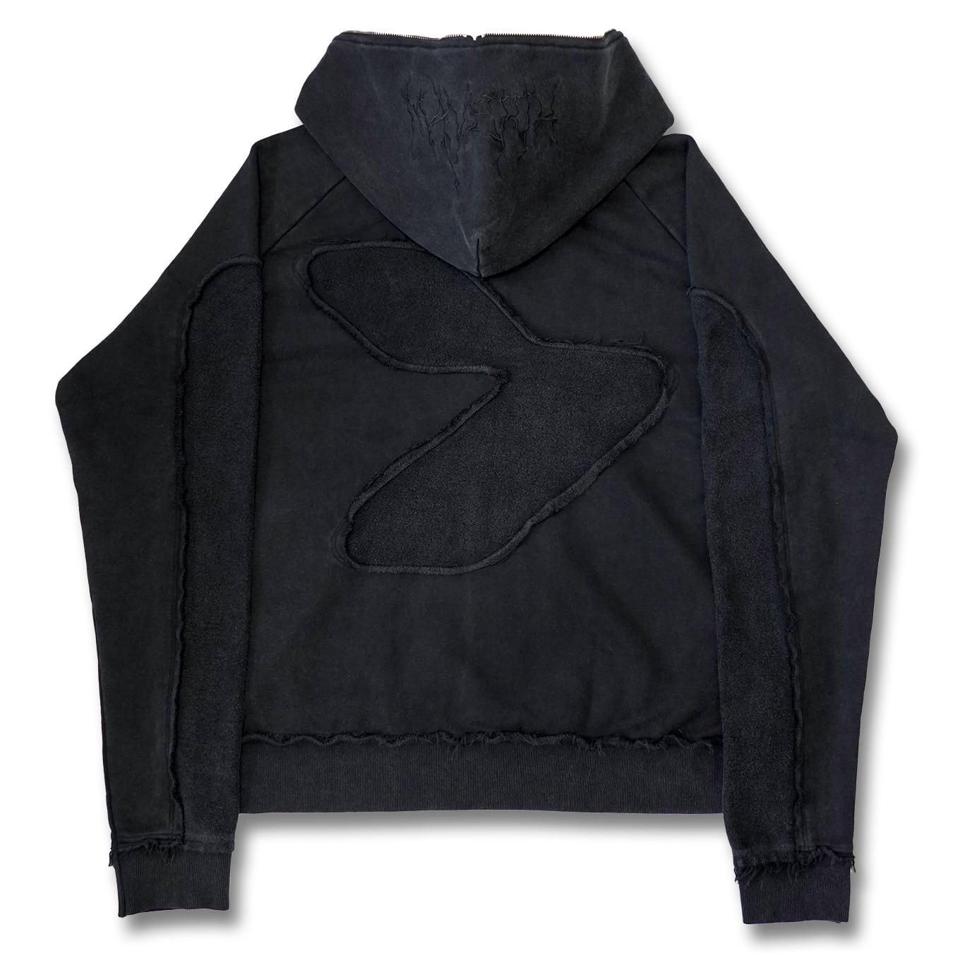 T.C.R DISTRESSED WASHED FULL-ZIP  BAGGY HOODIE - BLACK