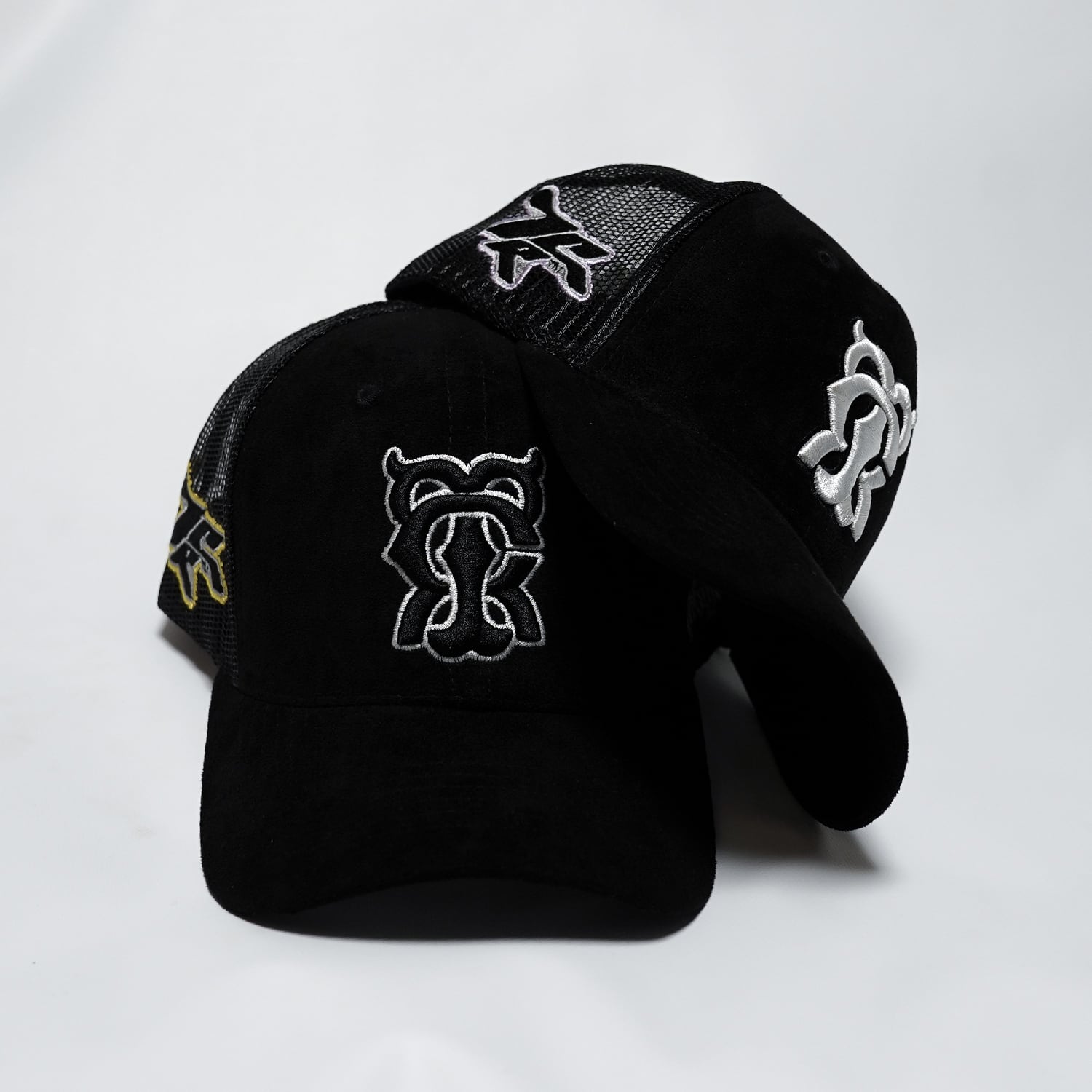 T.C.R MONOGRAM LOGO SUEDE TRUCKER CAP - BLACK