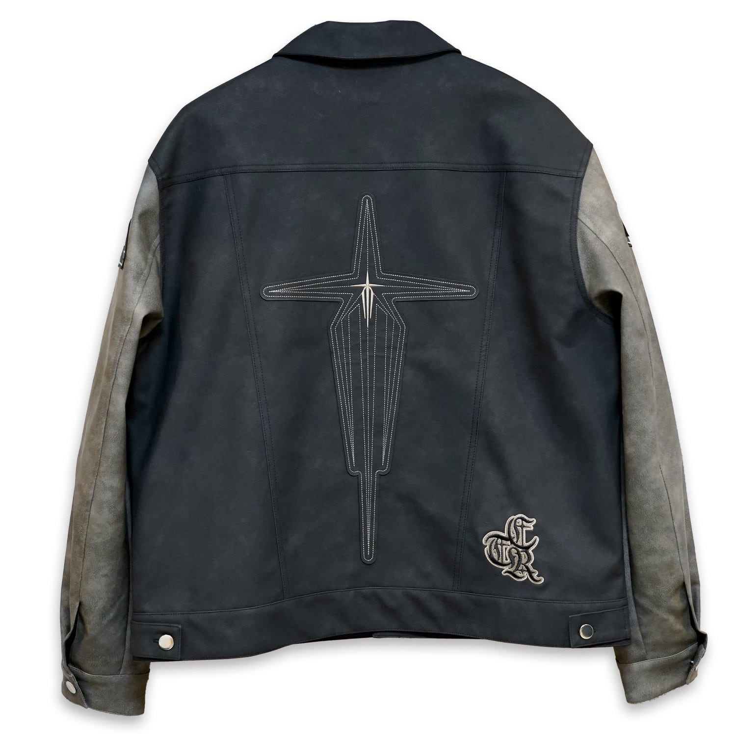 T.C.R WASHED FAUX LEATHER FLAME TRACKER JACKET - GRAY / BLACK