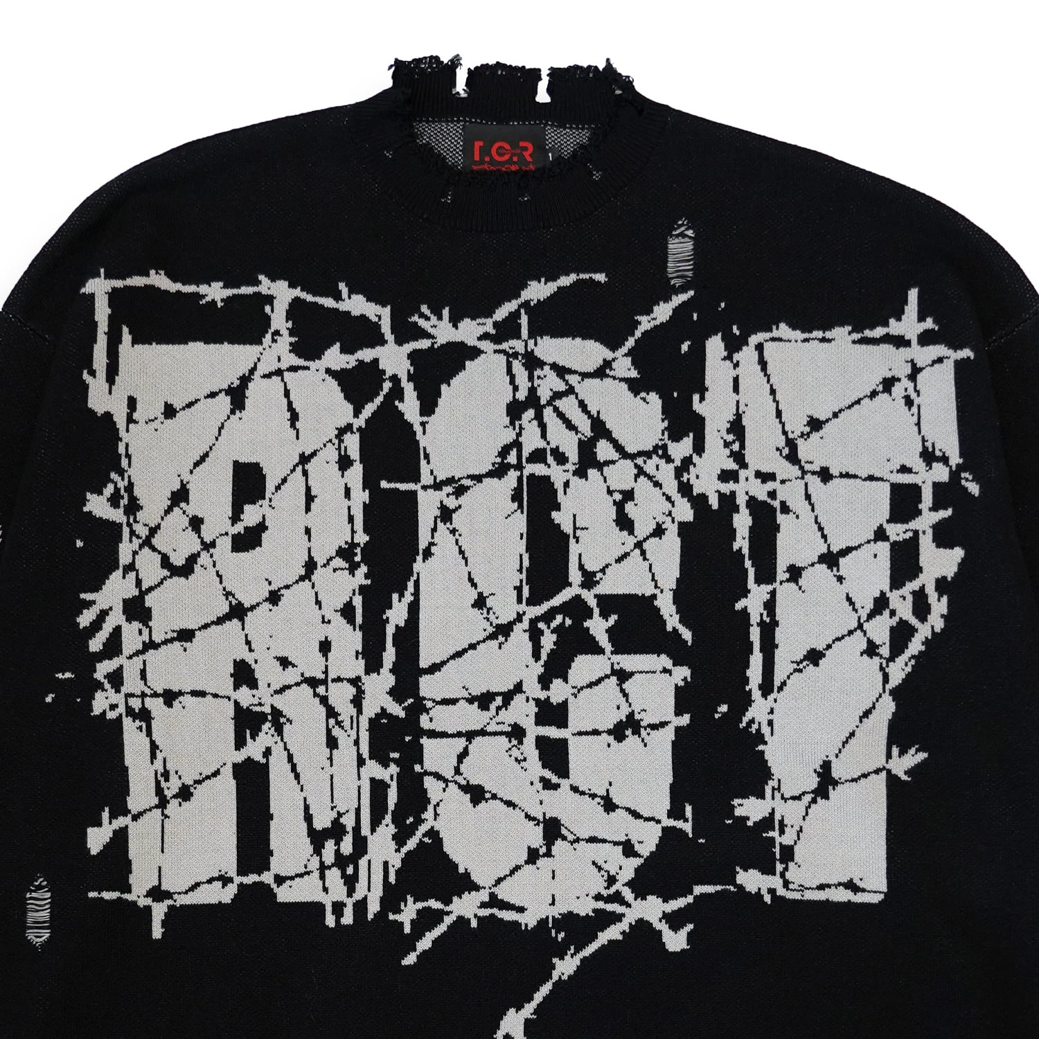 T.C.R REVARSE LOGO DAMAGE SWEATER - BLACK