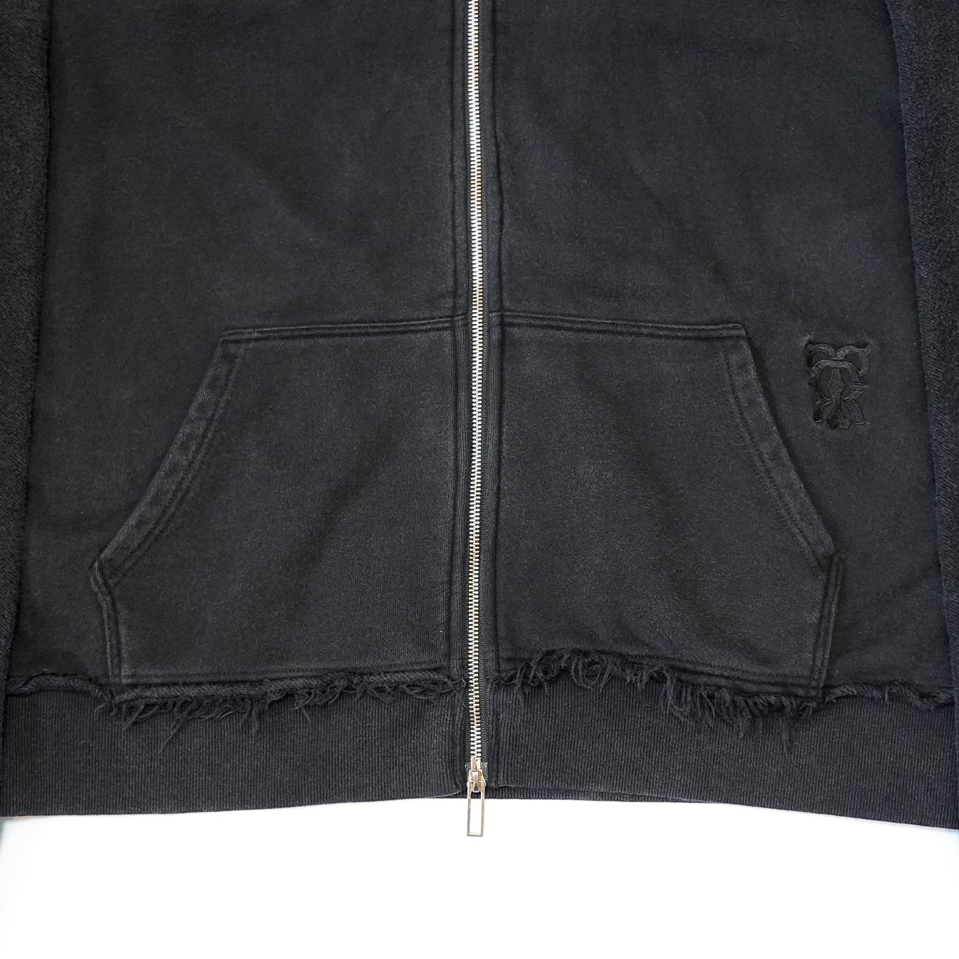 T.C.R DISTRESSED WASHED FULL-ZIP  BAGGY HOODIE - BLACK