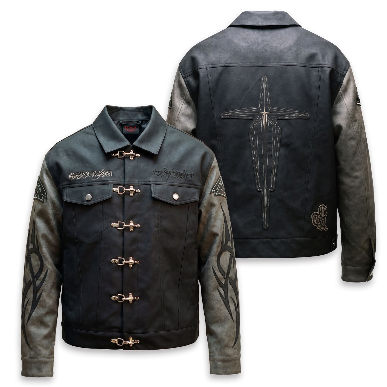 T.C.R WASHED FAUX LEATHER FLAME TRACKER JACKET - GRAY / BLACK