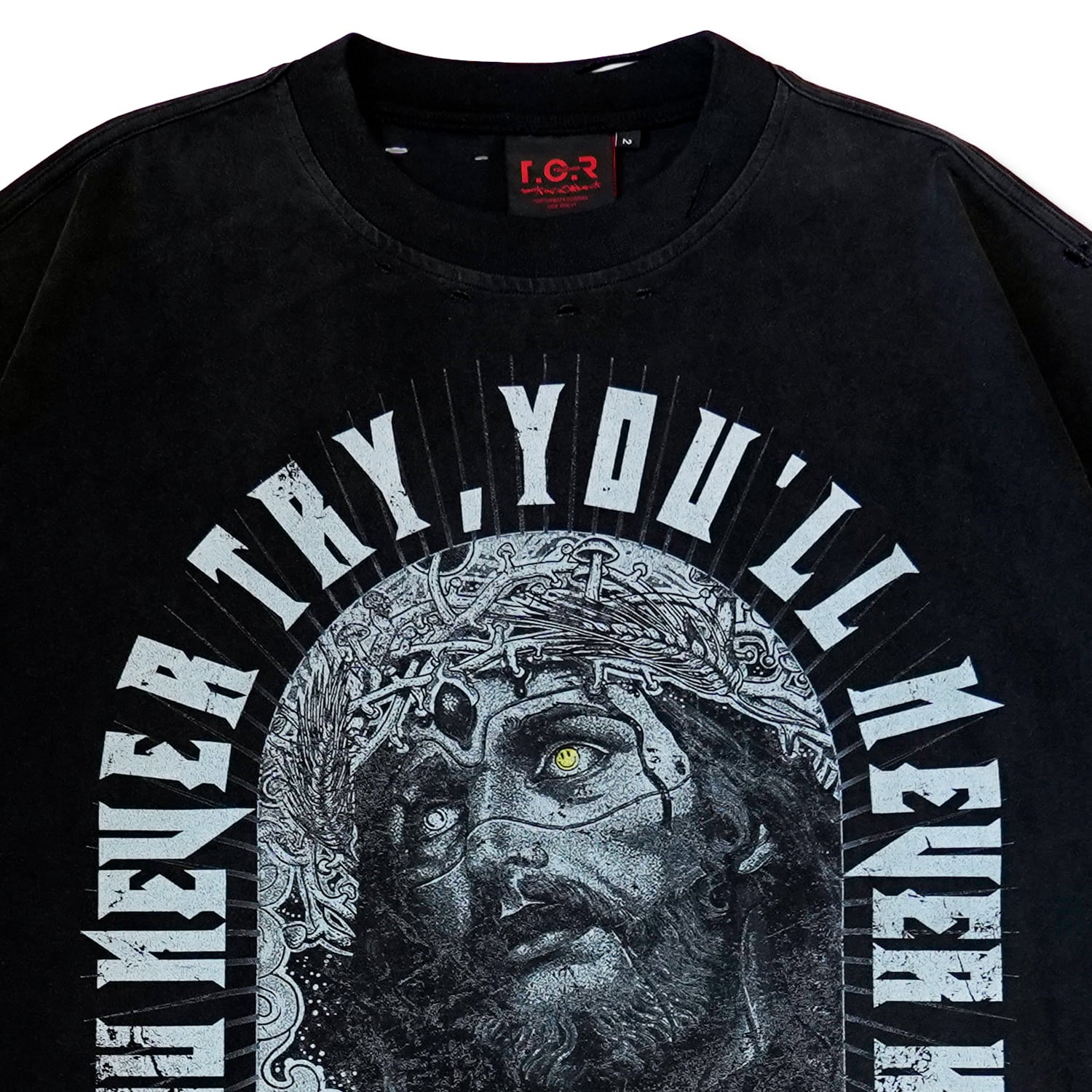 T.C.R JESUS RAVES  DISTRESSED S/S TEE - BLACK