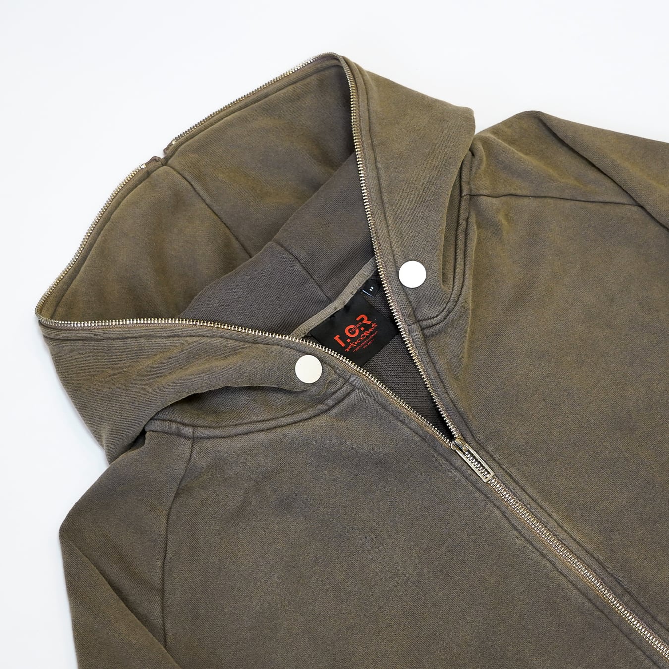 T.C.R DISTRESSED WASHED FULL-ZIP  BAGGY HOODIE - KHAKI