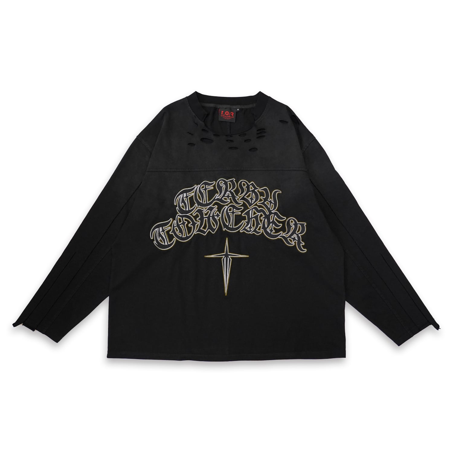 T.C.R LOGO DISTRESSED PANEL L/S TEE - BLACK