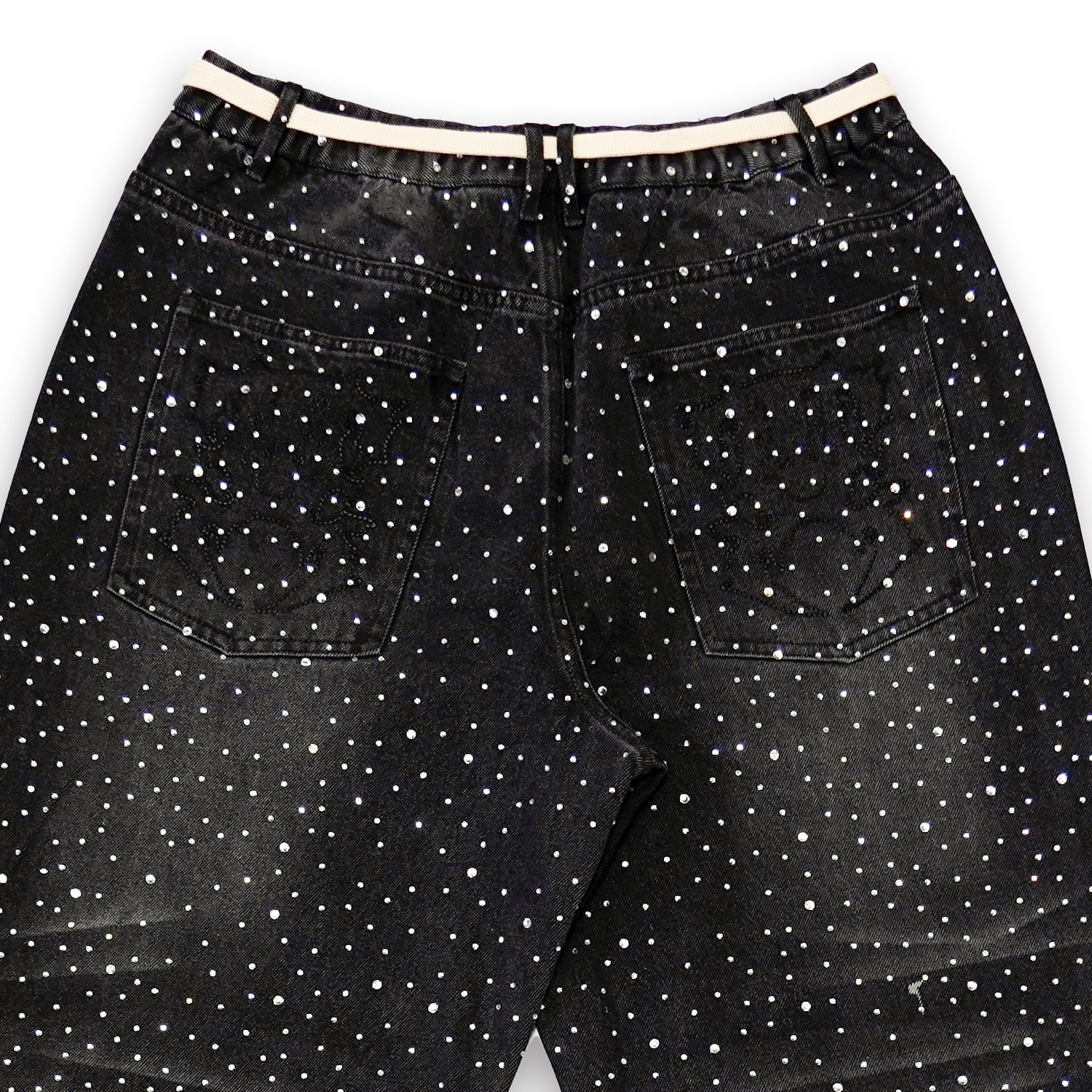 T.C.R RHINSTONE DAMAGE BAGGY DENIM PANTS - BLACK