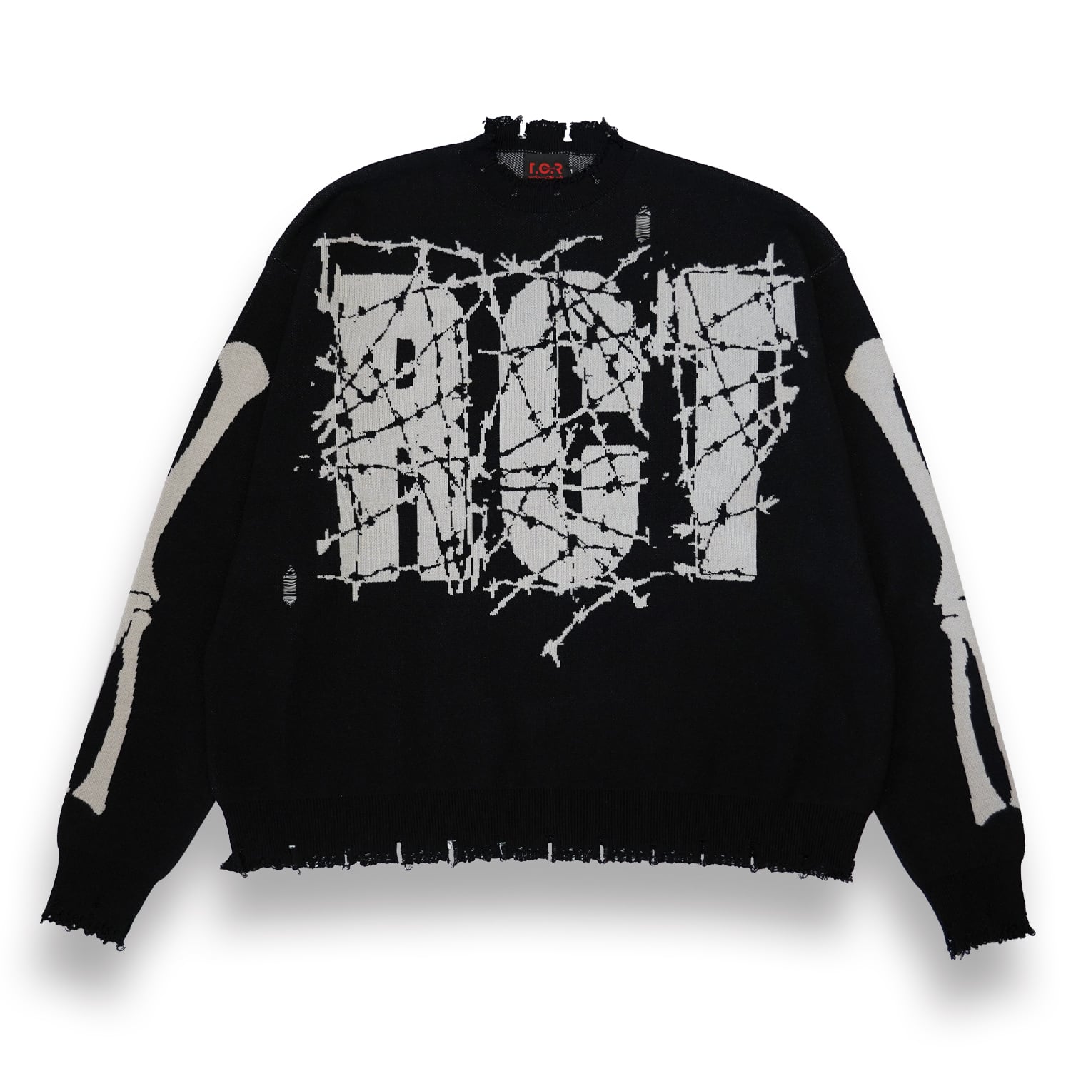 T.C.R REVARSE LOGO DAMAGE SWEATER - BLACK