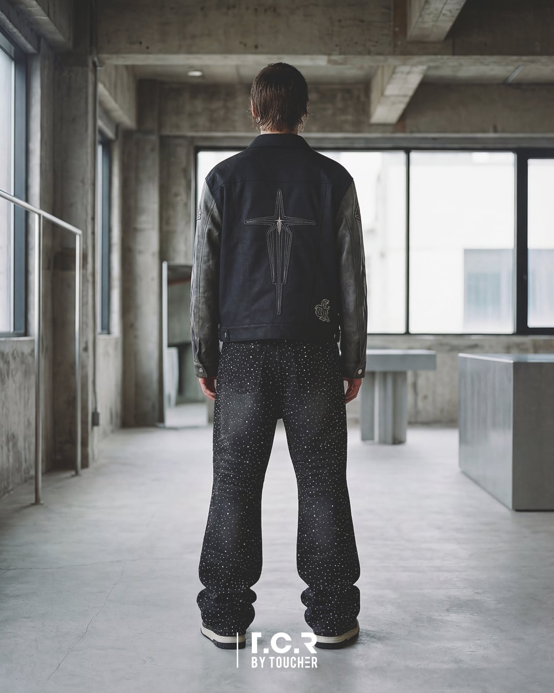 T.C.R WASHED FAUX LEATHER FLAME TRACKER JACKET - GRAY / BLACK