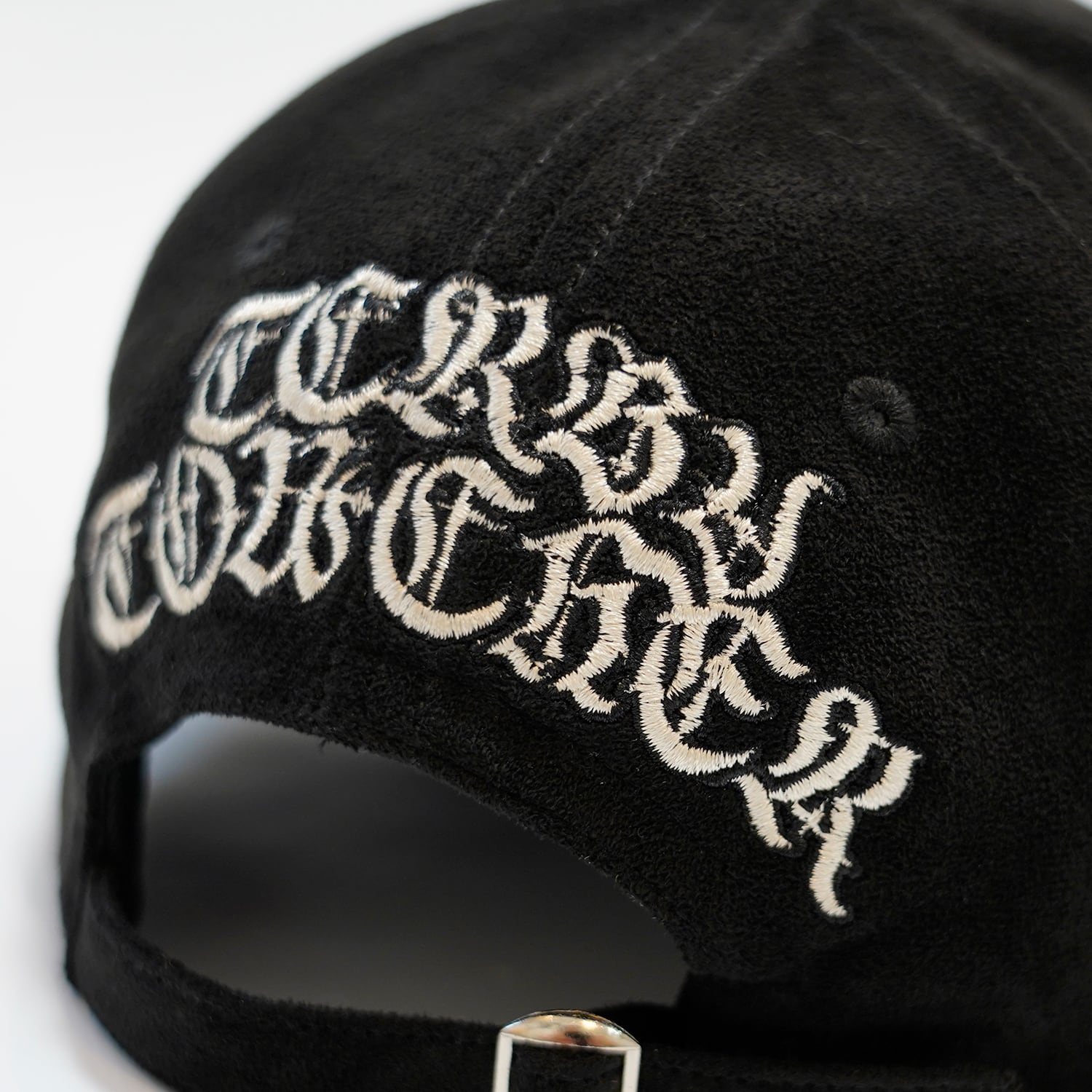 T.C.R LOGO FAUX SUEDE STRAP BACK CAP - BLACK