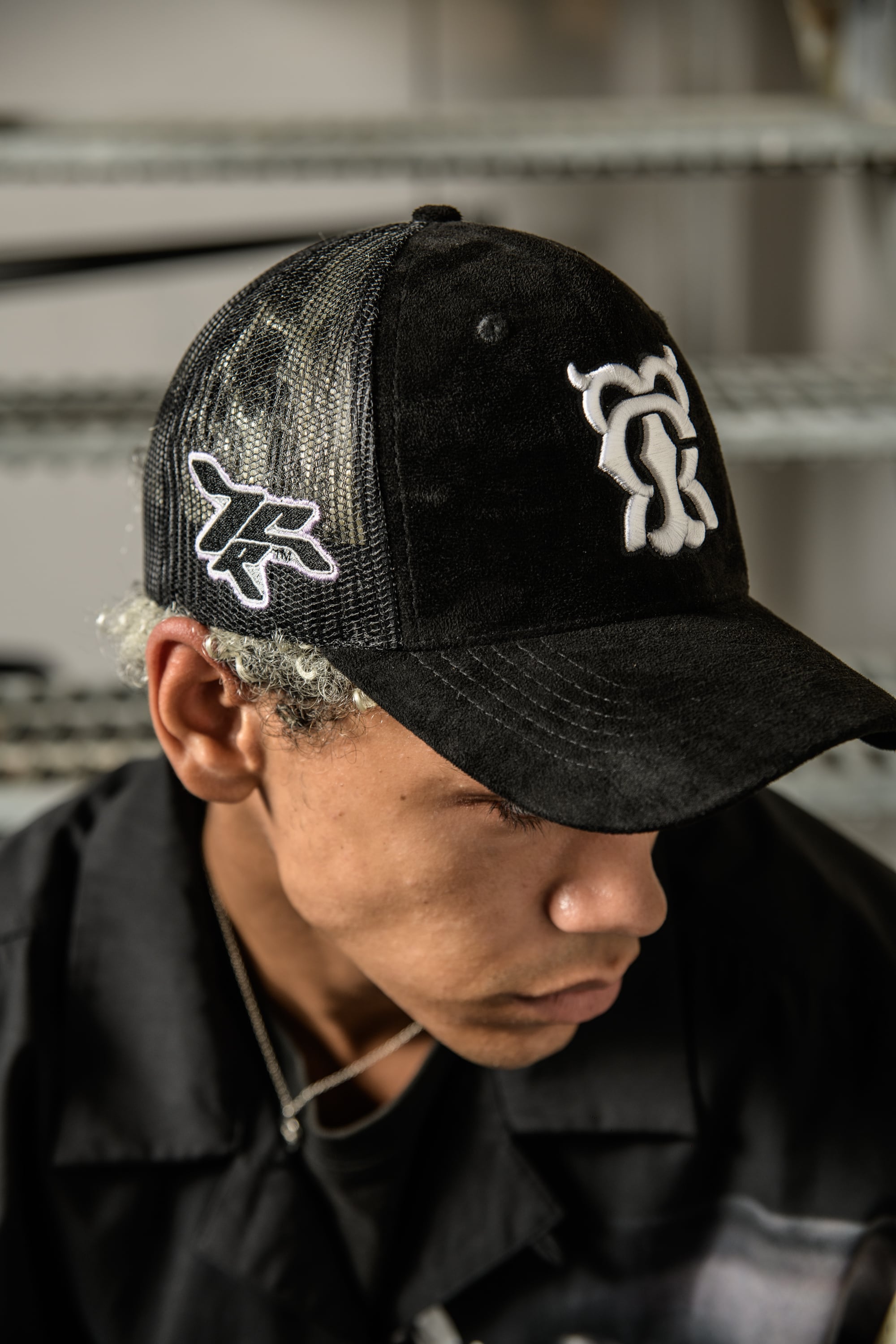 T.C.R MONOGRAM LOGO SUEDE TRUCKER CAP - BLACK / WHITE