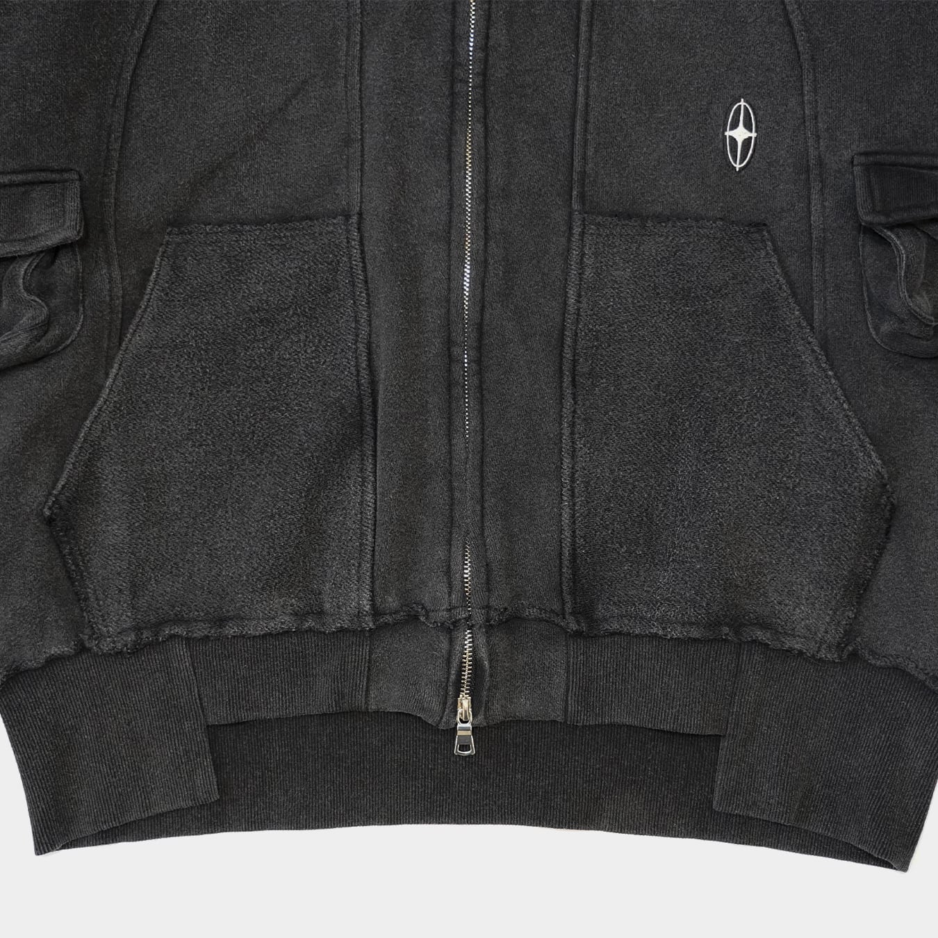 T.C.R DECONSTRUCTED WASHED ZIP-UP HOODIE - BLACK