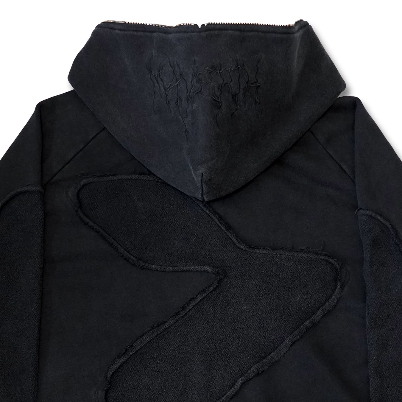 T.C.R DISTRESSED WASHED FULL-ZIP  BAGGY HOODIE - BLACK