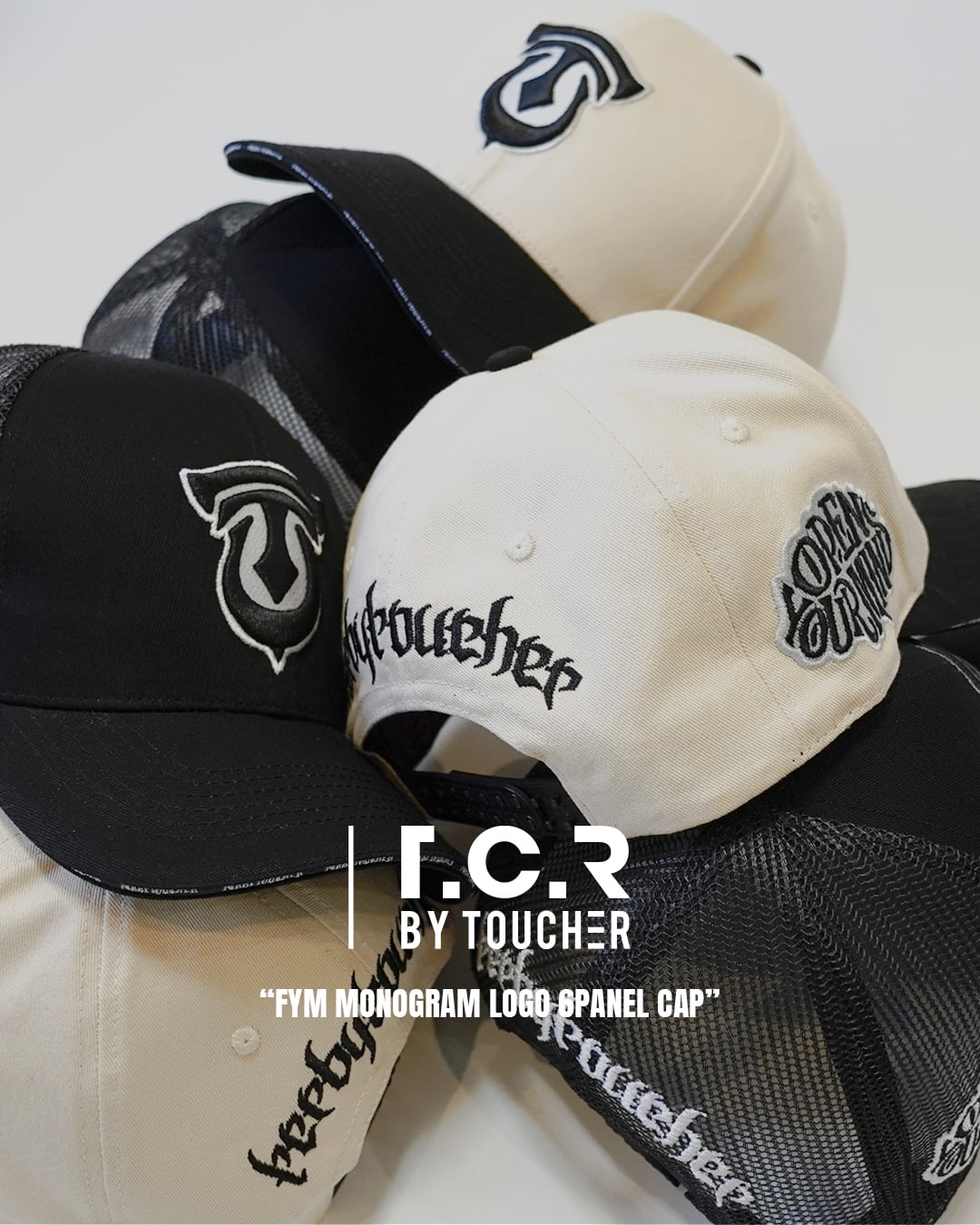 T.C.R FYM MONOGRAM LOGO 6PANEL MESH CAP - BLACK