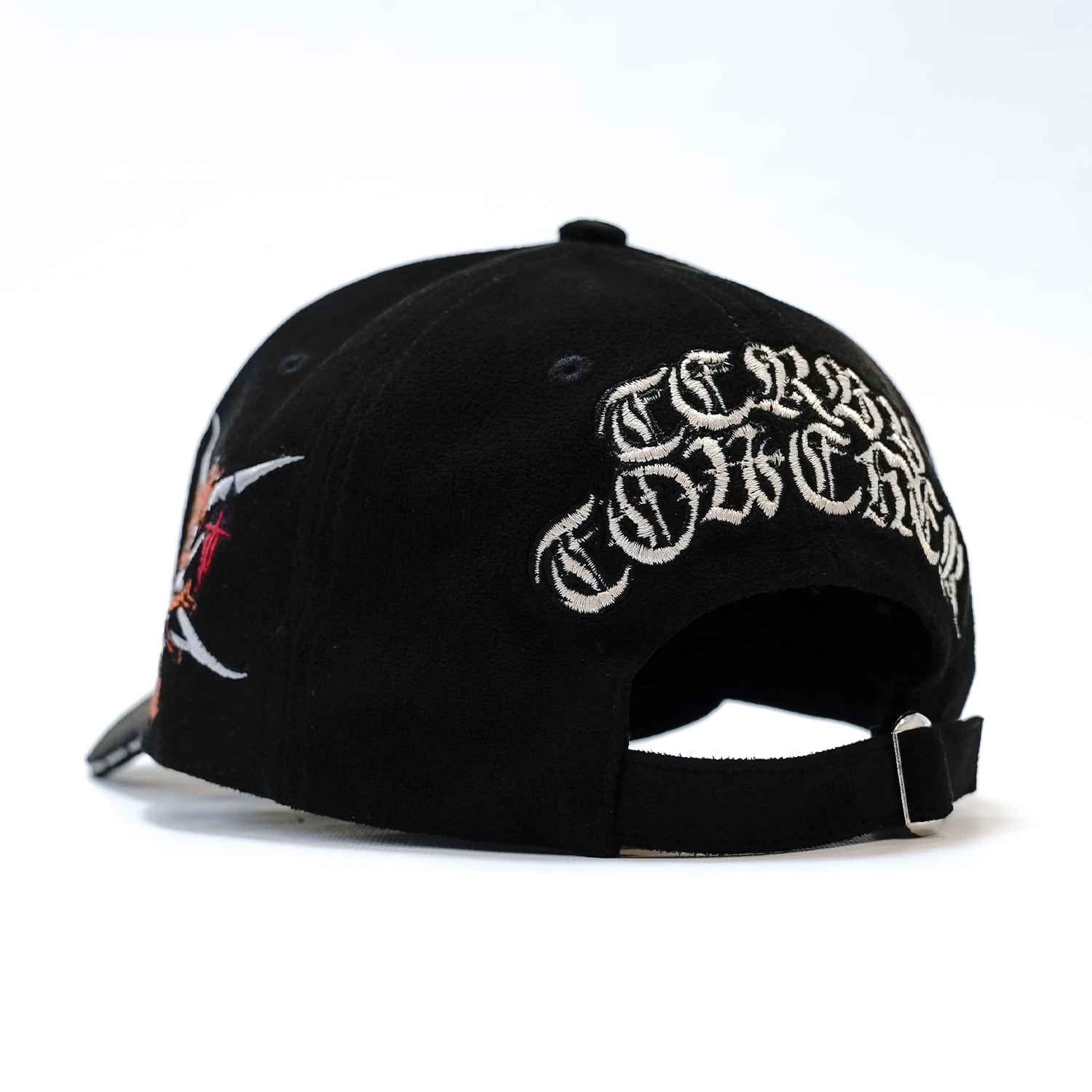 T.C.R LOGO FAUX SUEDE STRAP BACK CAP - BLACK