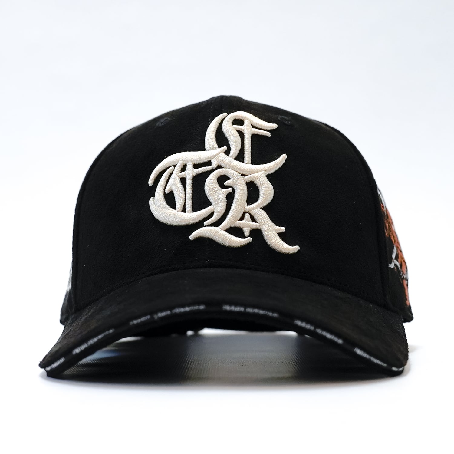 T.C.R LOGO FAUX SUEDE STRAP BACK CAP - BLACK