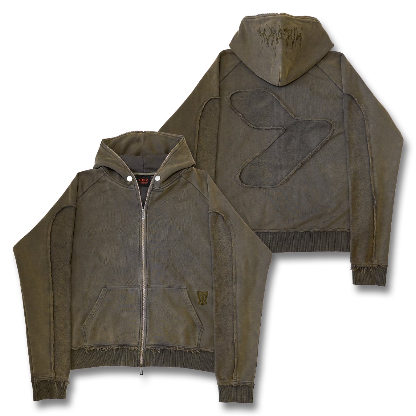 T.C.R DISTRESSED WASHED FULL-ZIP  BAGGY HOODIE - KHAKI
